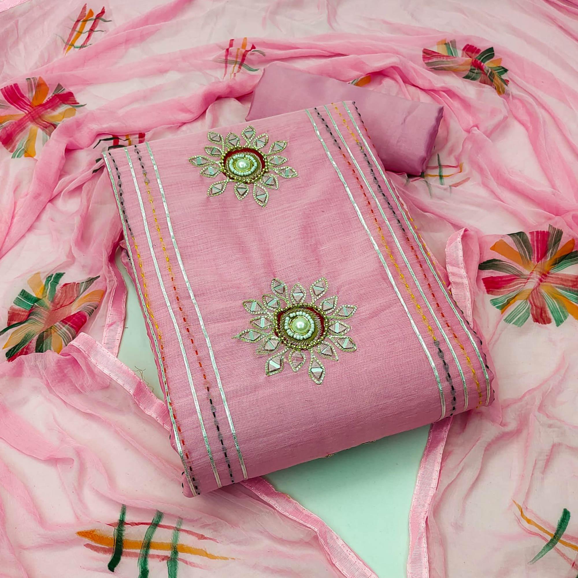 Pink Embroidered Chanderi Dress Material - Peachmode