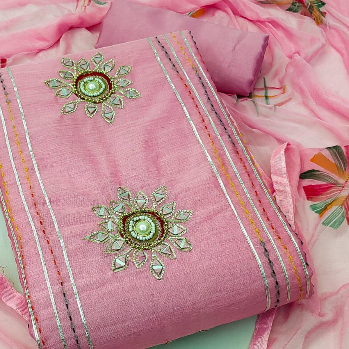 Pink Embroidered Chanderi Dress Material - Peachmode