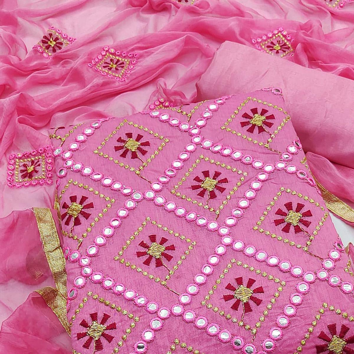 Pink Embroidered Chanderi Dress Material - Peachmode