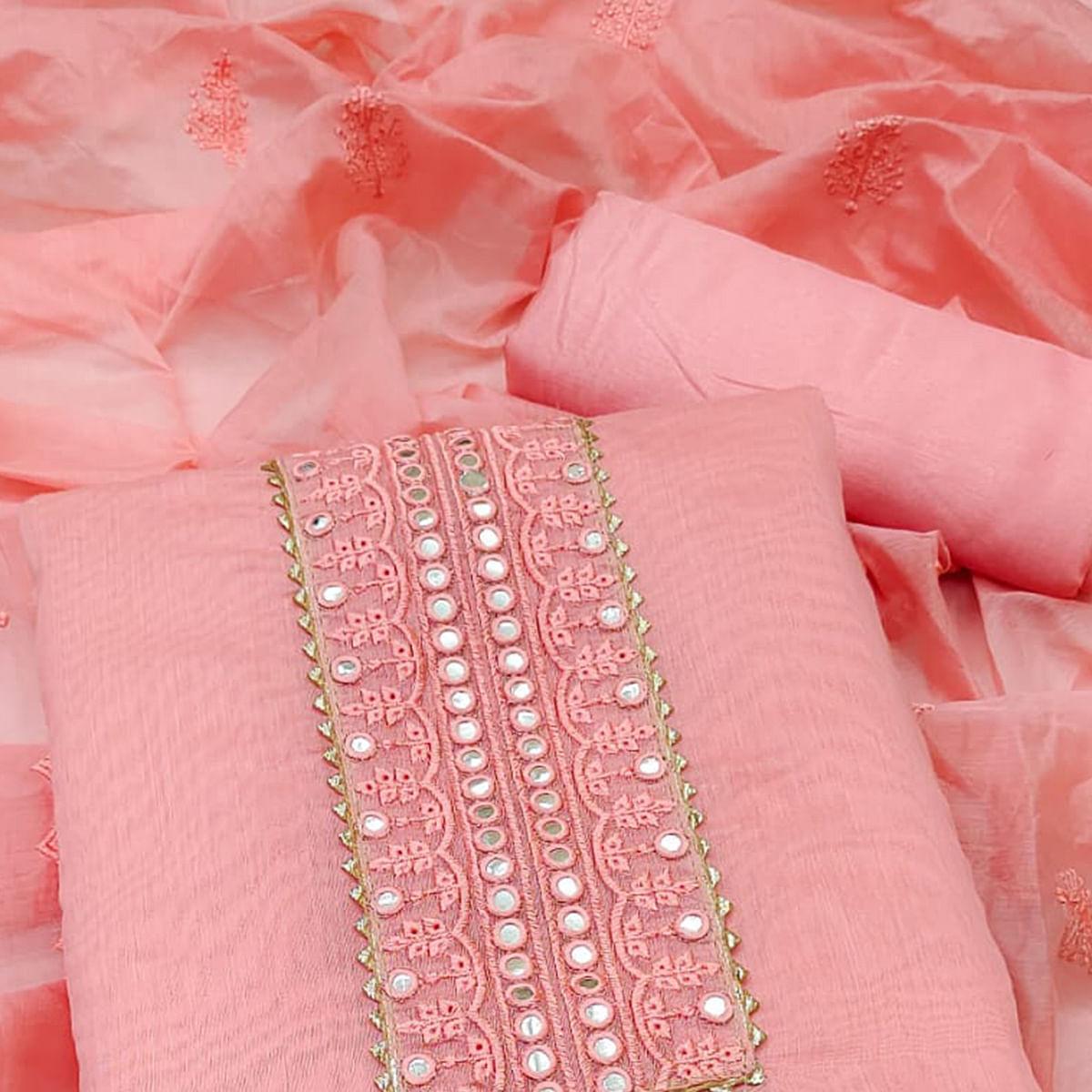 Pink Embroidered Chanderi Dress Material - Peachmode