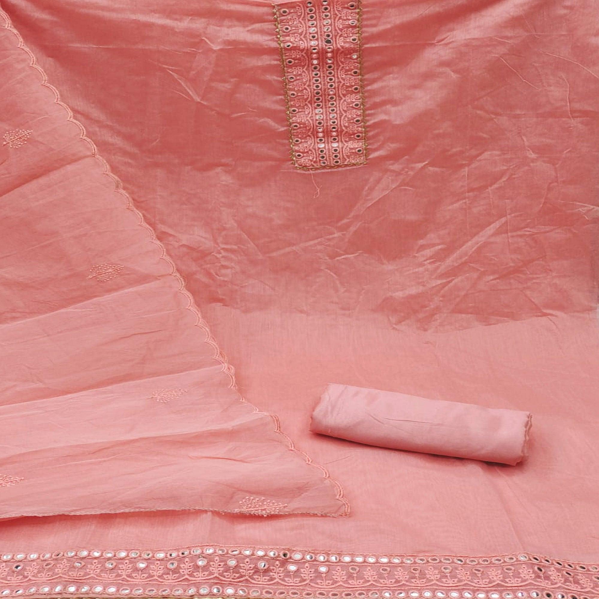 Pink Embroidered Chanderi Dress Material - Peachmode