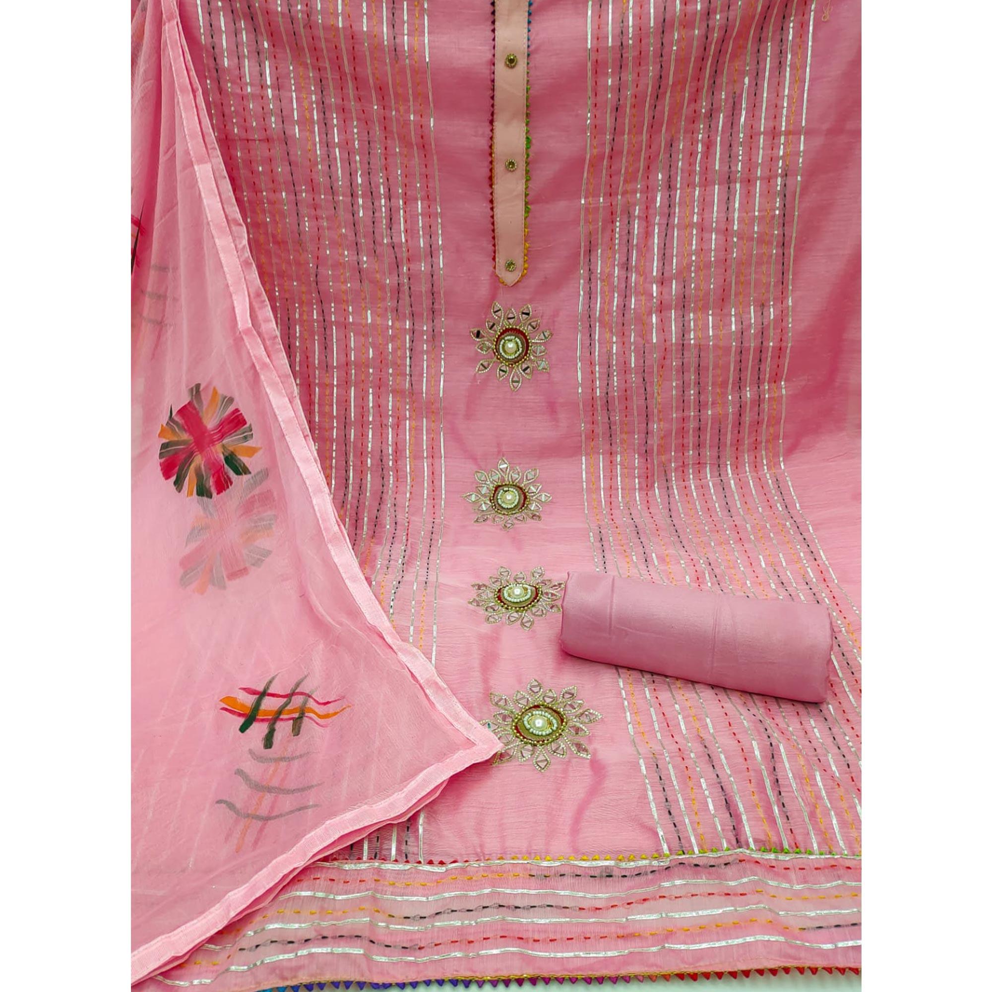 Pink Embroidered Chanderi Dress Material - Peachmode