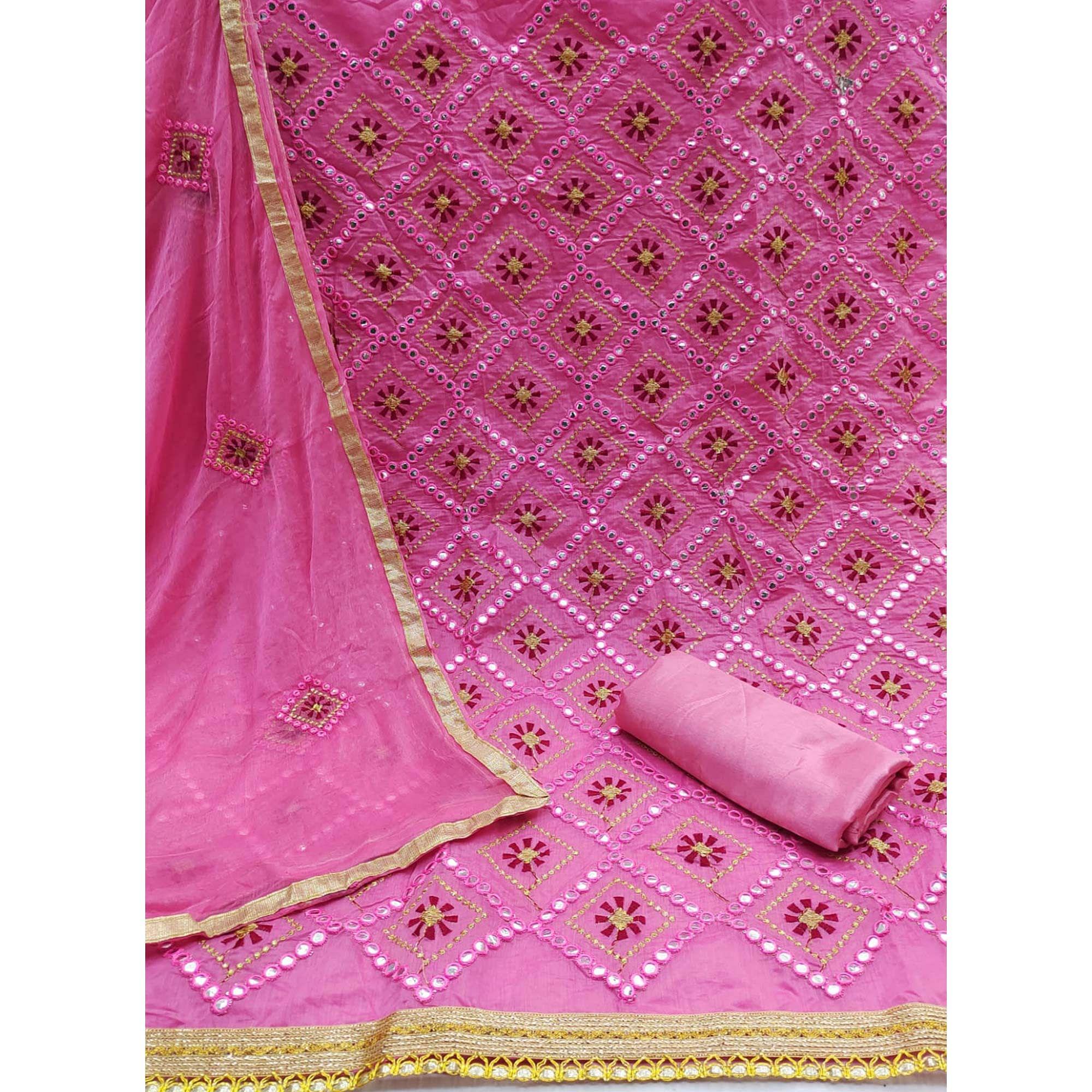 Pink Embroidered Chanderi Dress Material - Peachmode