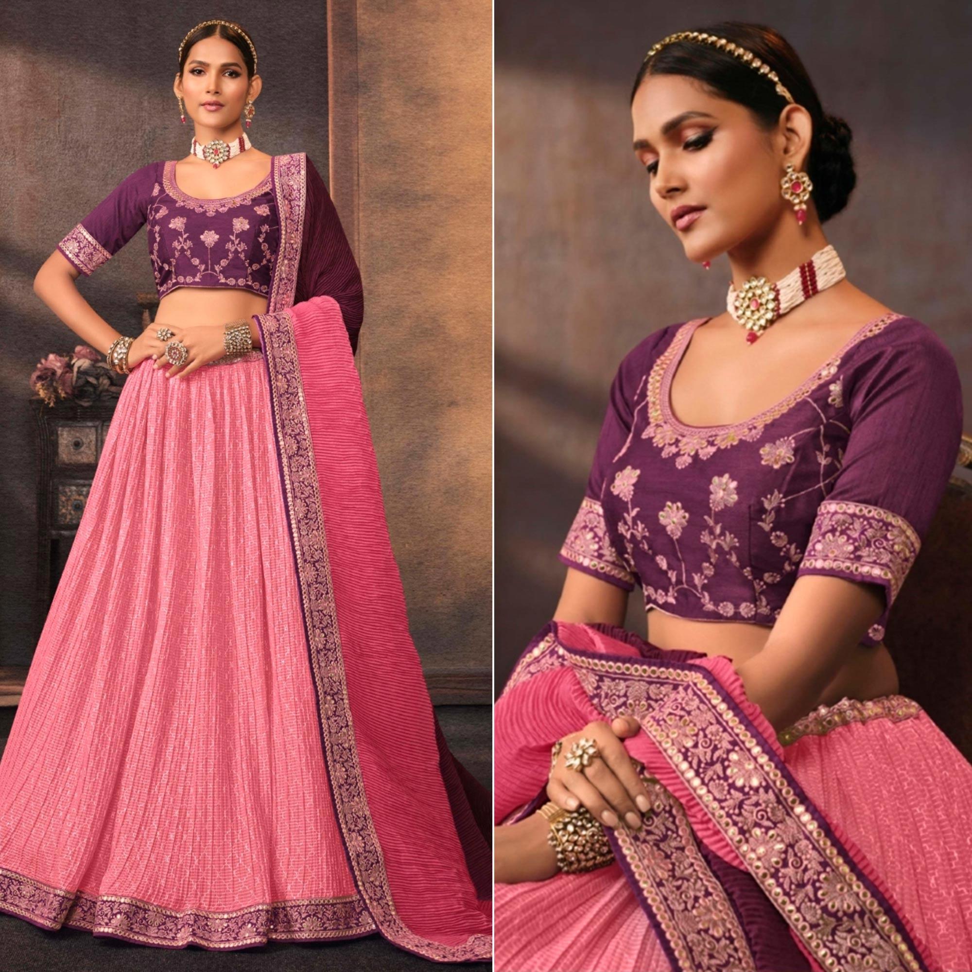 Pink Embroidered Chiffon Lehenga Choli - Peachmode