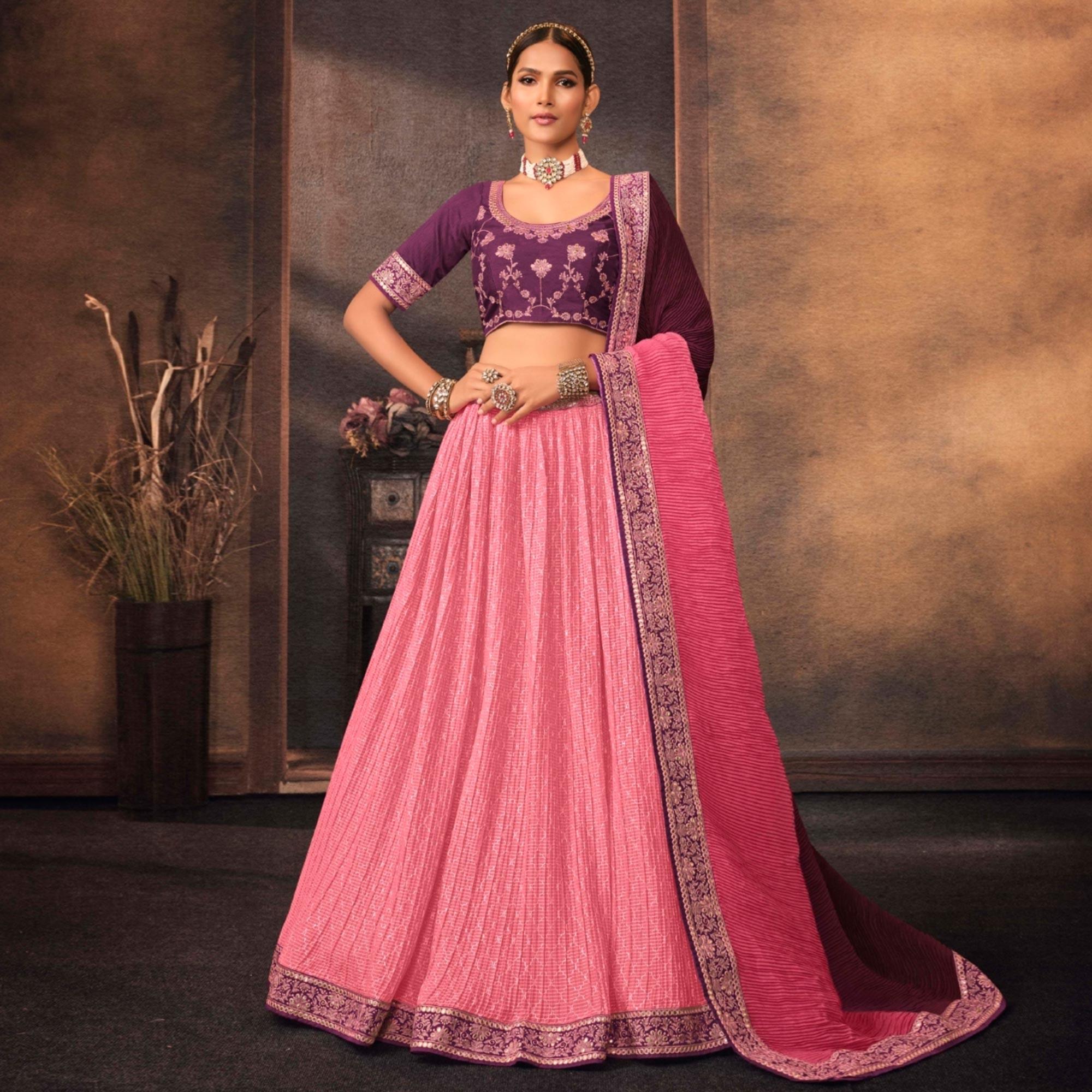 Pink Embroidered Chiffon Lehenga Choli - Peachmode