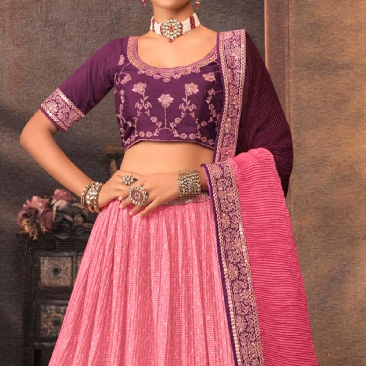 Pink Embroidered Chiffon Lehenga Choli - Peachmode