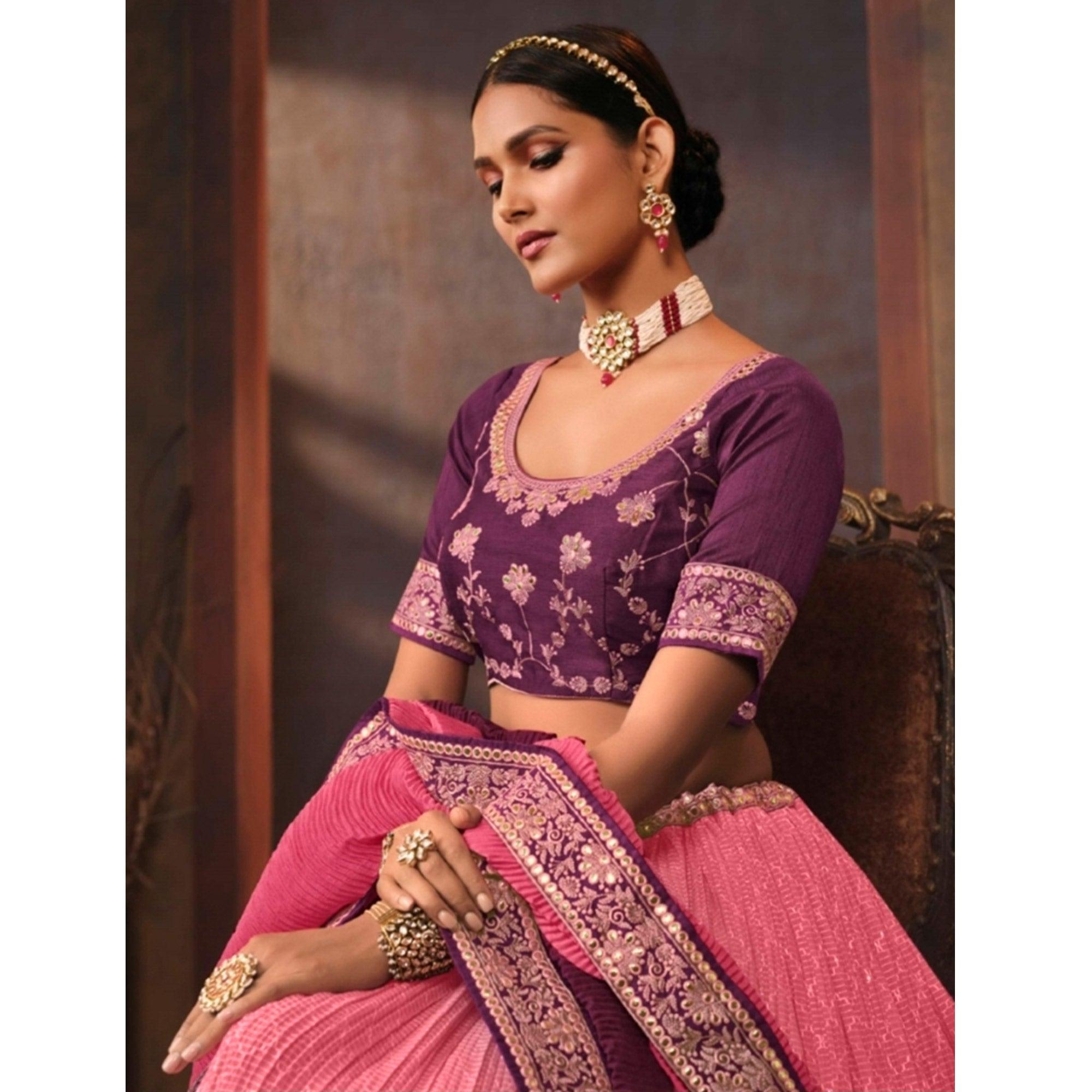 Pink Embroidered Chiffon Lehenga Choli - Peachmode