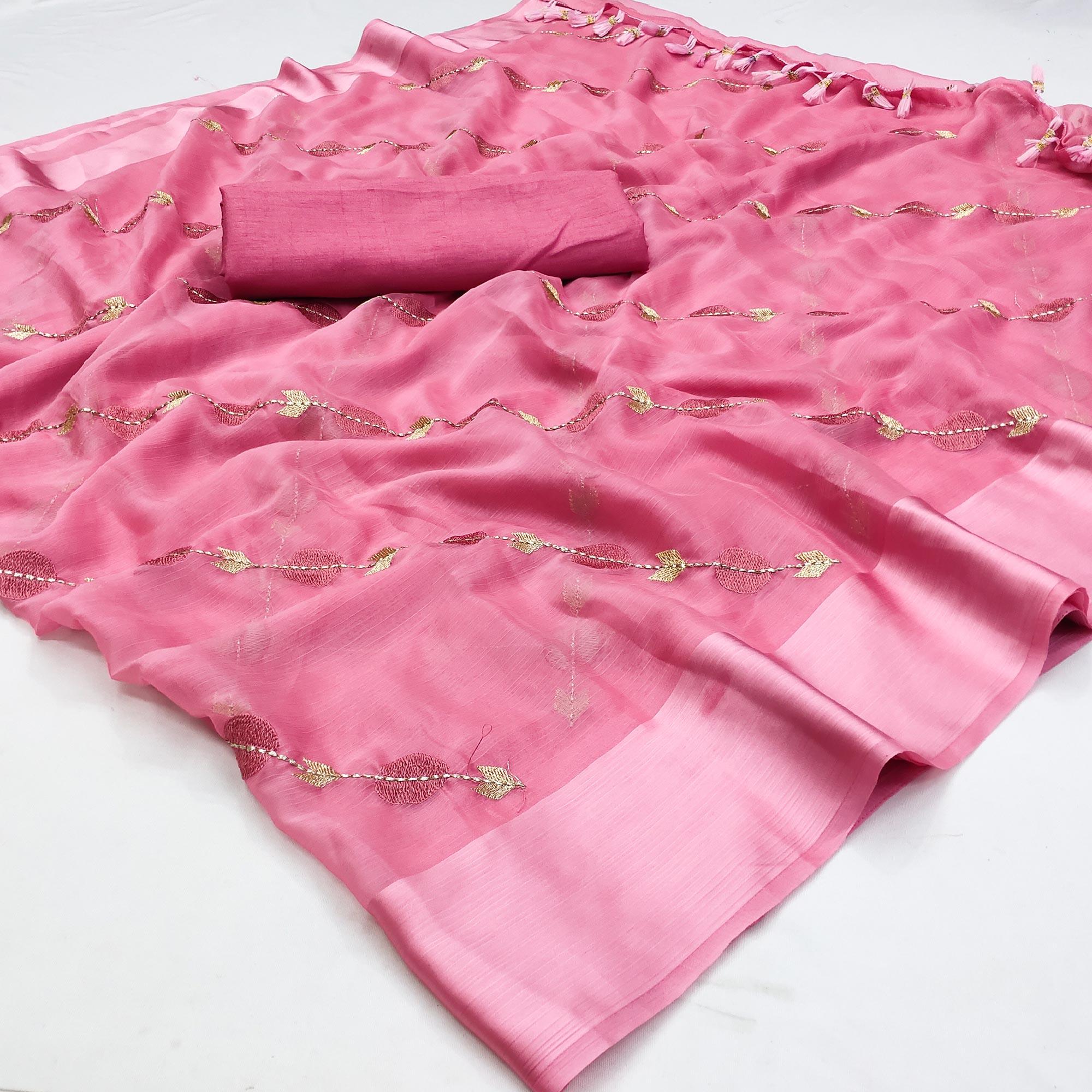 Pink Embroidered Chiffon Saree - Peachmode