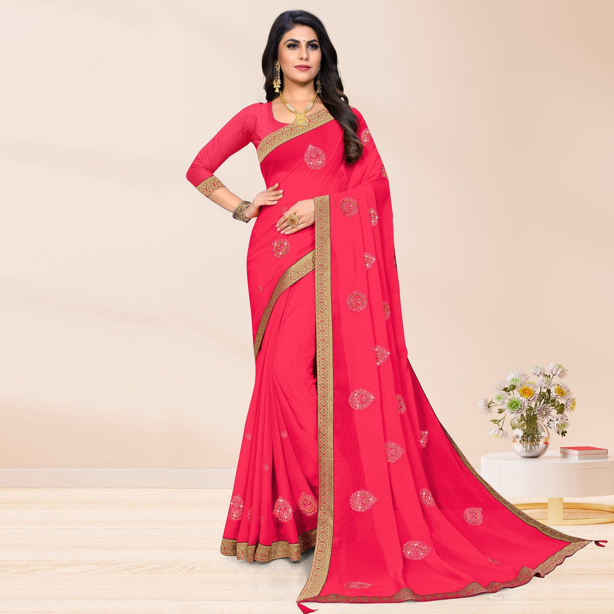 Pink Embroidered Chiffon Saree - Peachmode