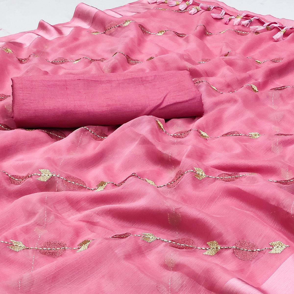 Pink Embroidered Chiffon Saree - Peachmode