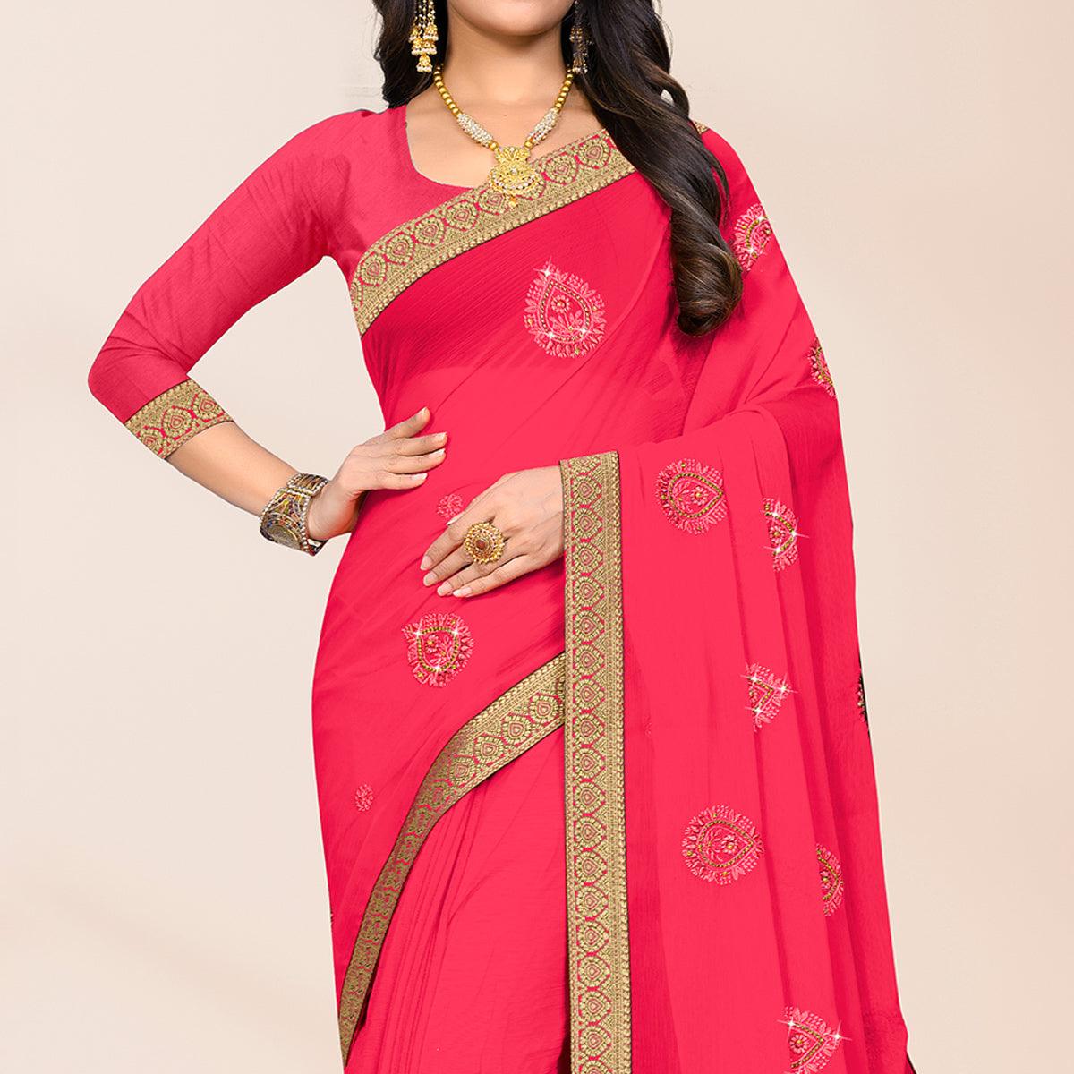 Pink Embroidered Chiffon Saree - Peachmode