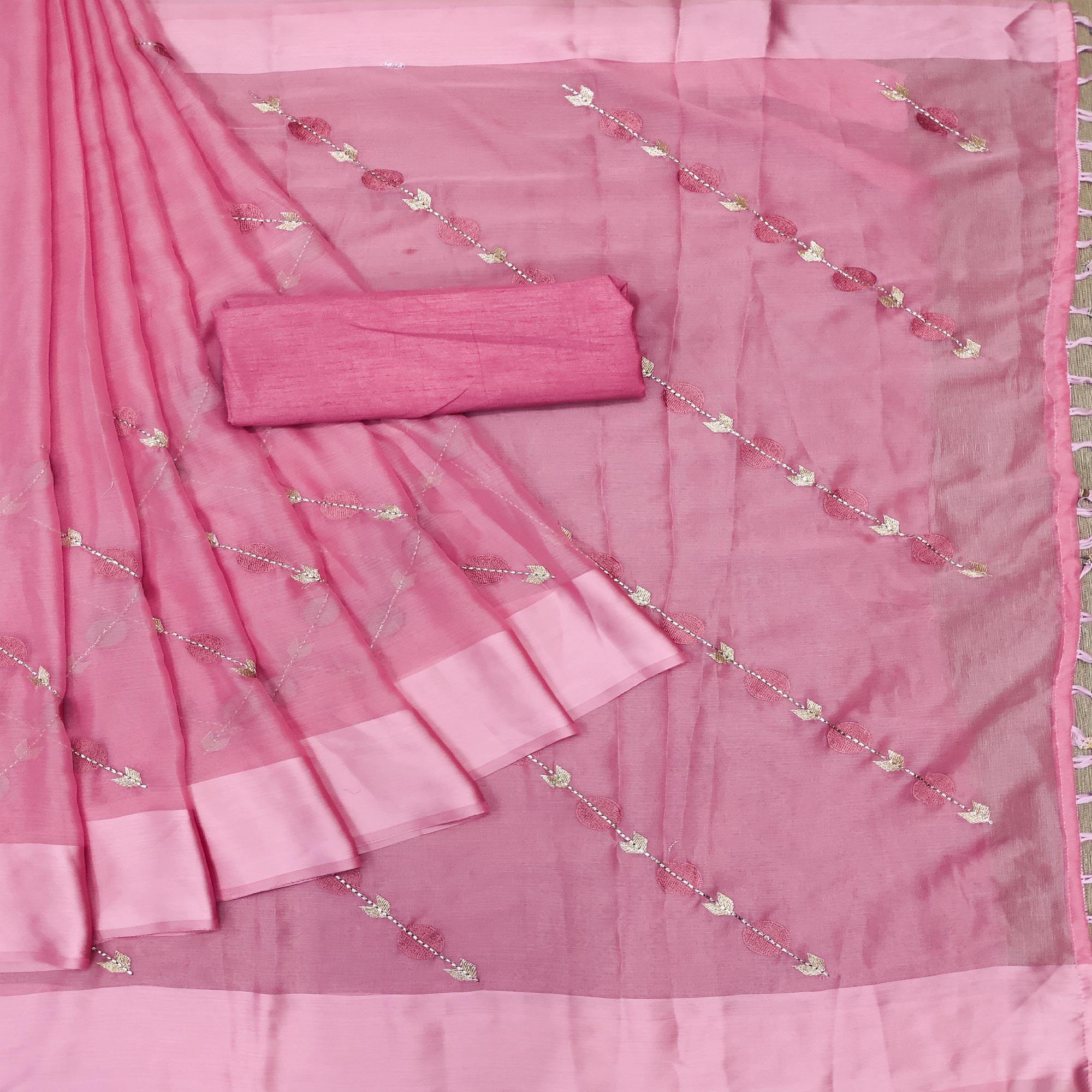 Pink Embroidered Chiffon Saree - Peachmode