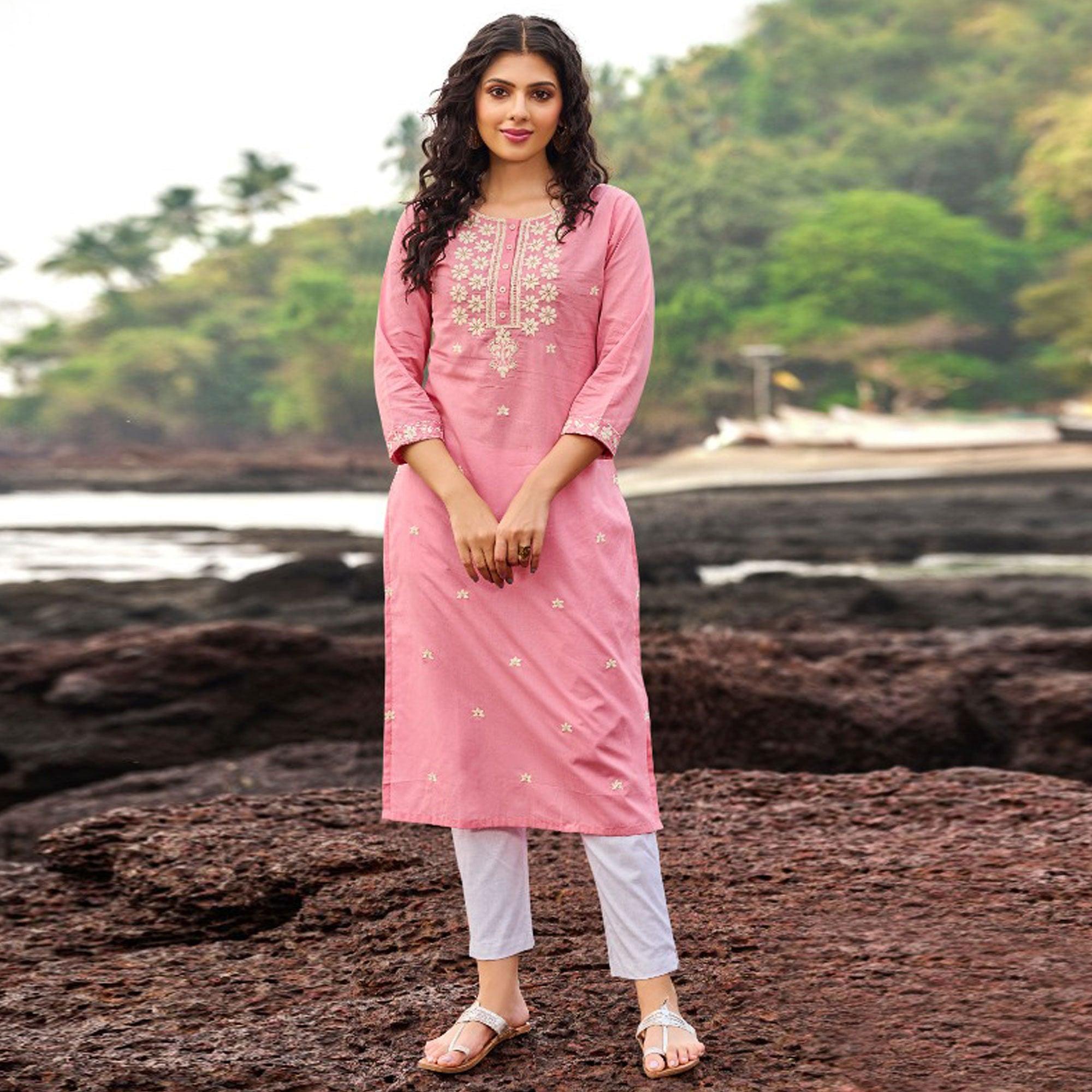 Pink Embroidered Cotton Kurti - Peachmode