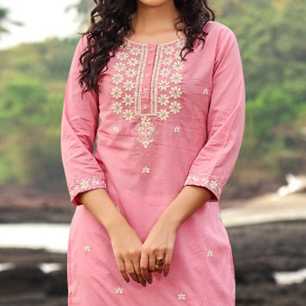 Pink Embroidered Cotton Kurti - Peachmode