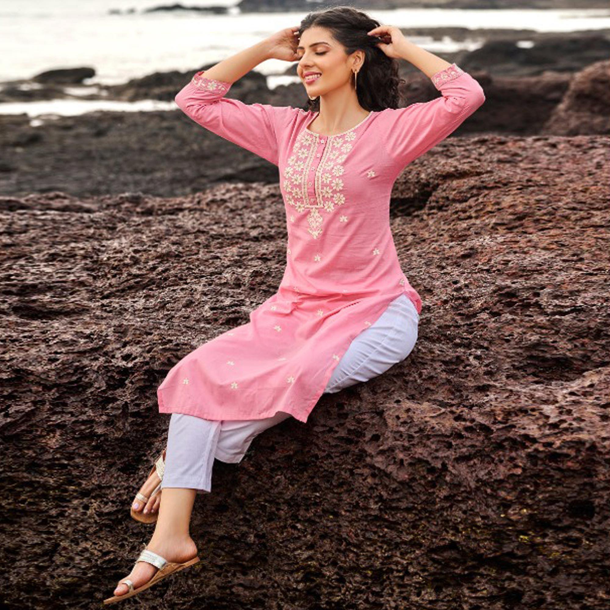 Pink Embroidered Cotton Kurti - Peachmode