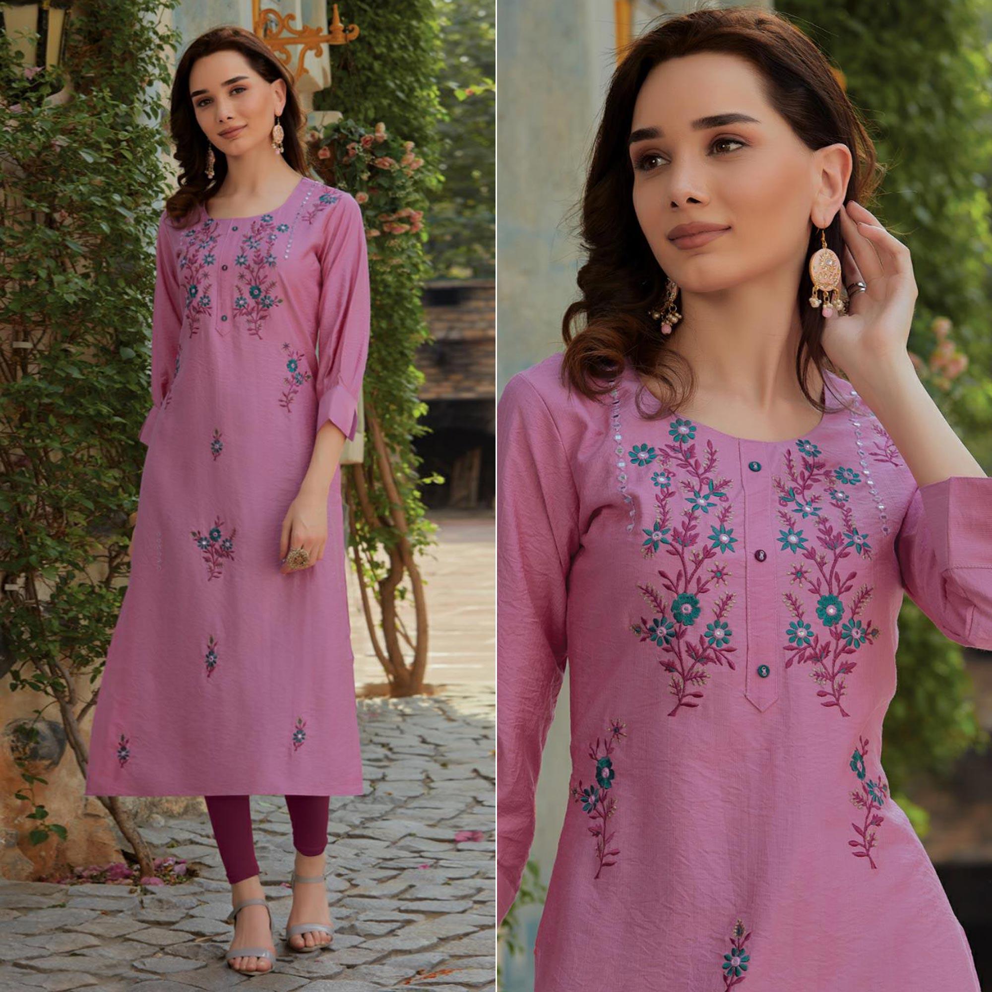 Pink Embroidered Cotton Silk Kurti - Peachmode