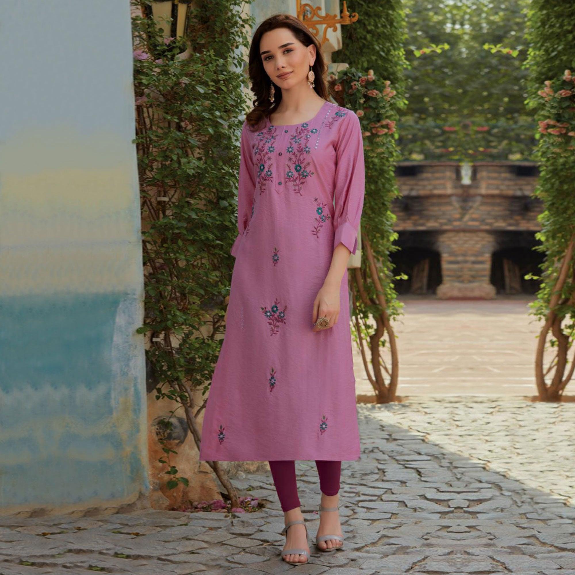 Pink Embroidered Cotton Silk Kurti - Peachmode