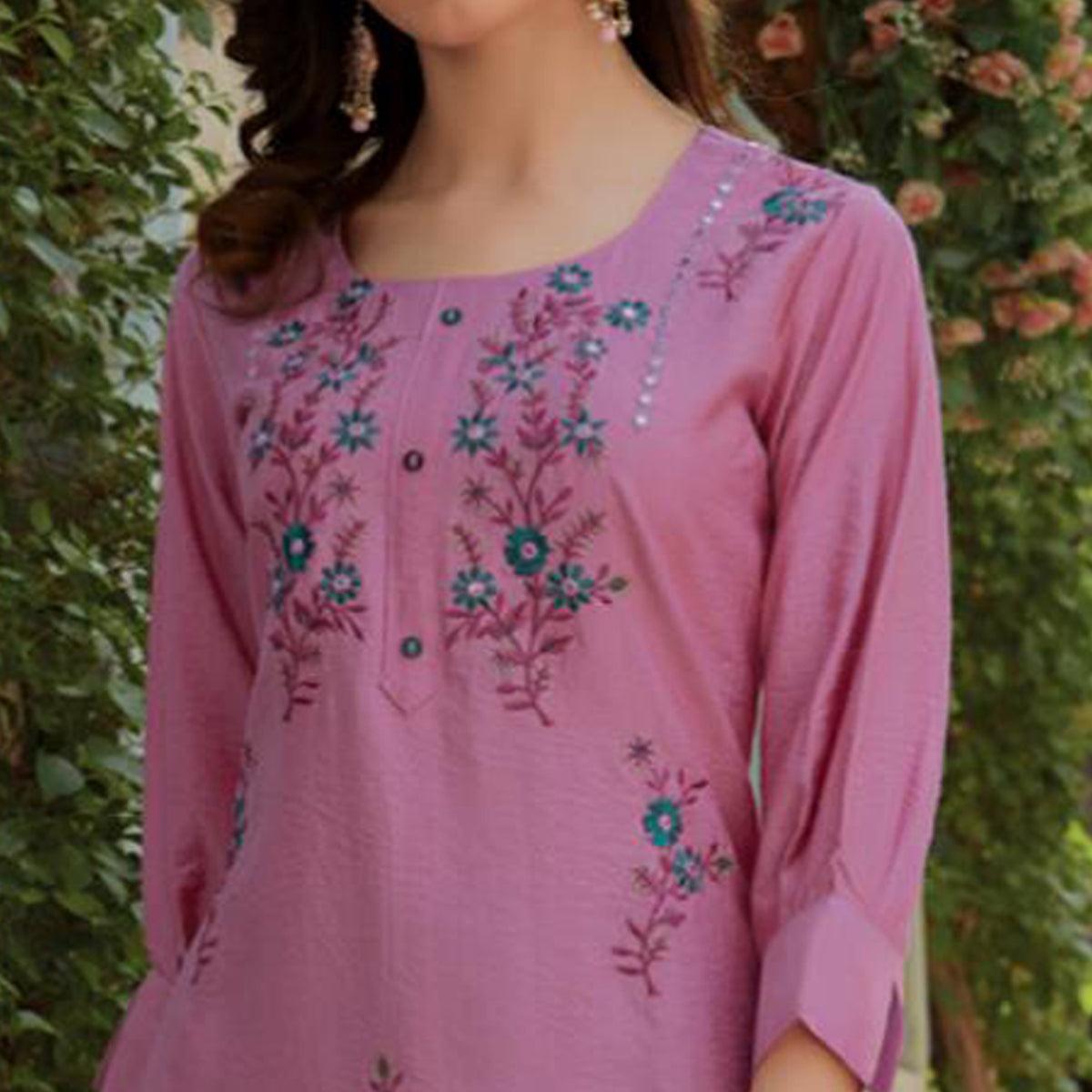 Pink Embroidered Cotton Silk Kurti - Peachmode