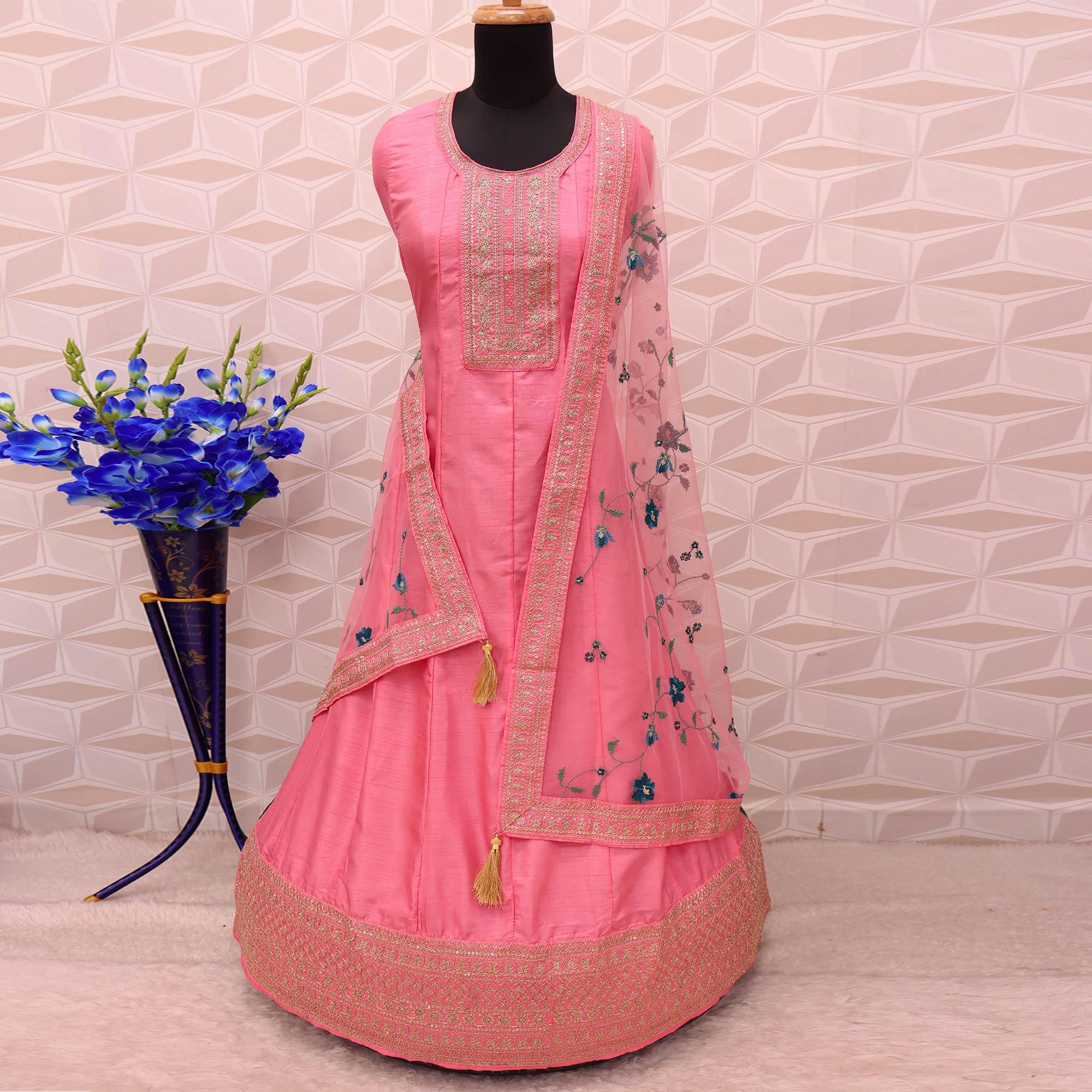 Pink Embroidered Dola Silk Anarkali Suit - Peachmode