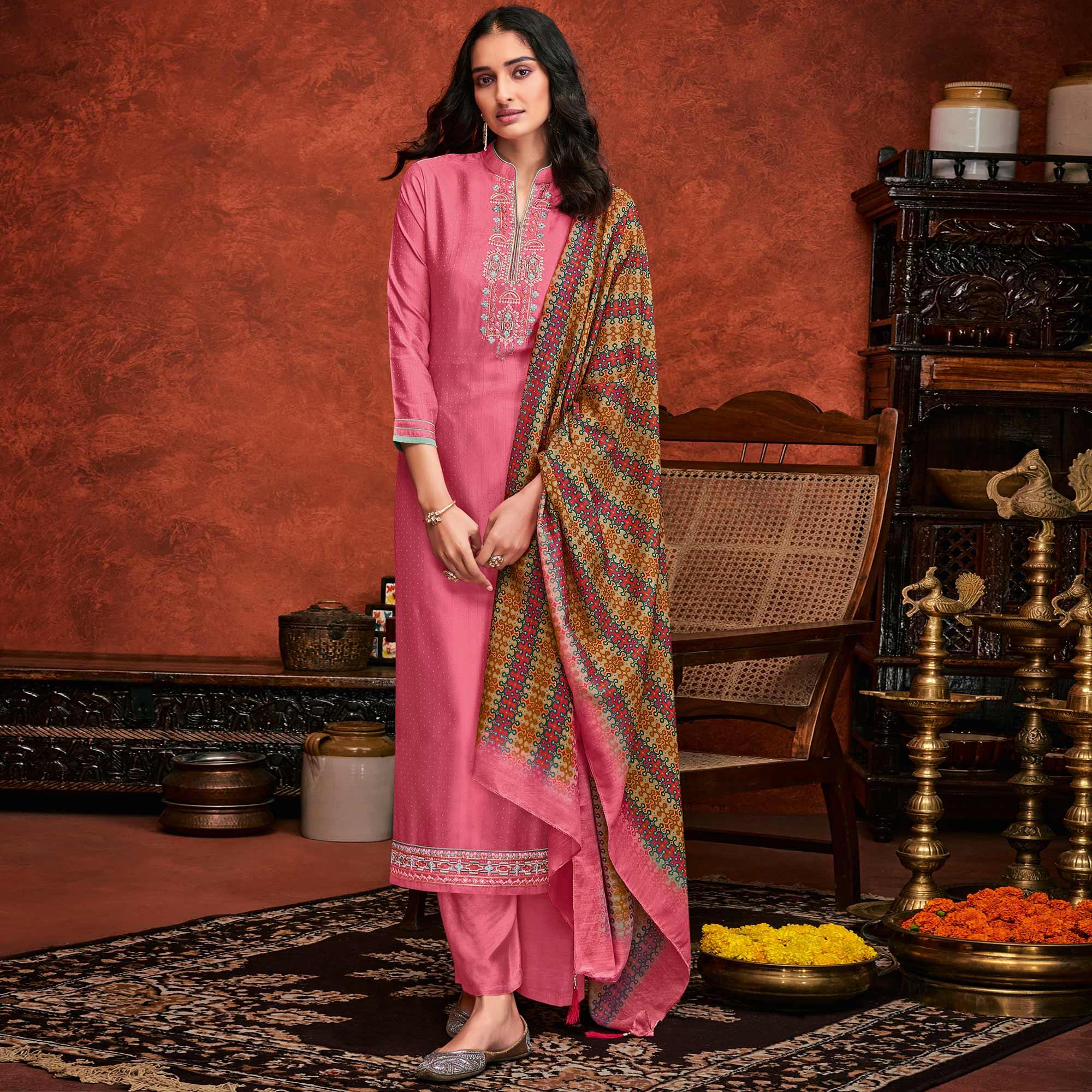 Pink Embroidered Fiona Silk Partywear Suit - Peachmode