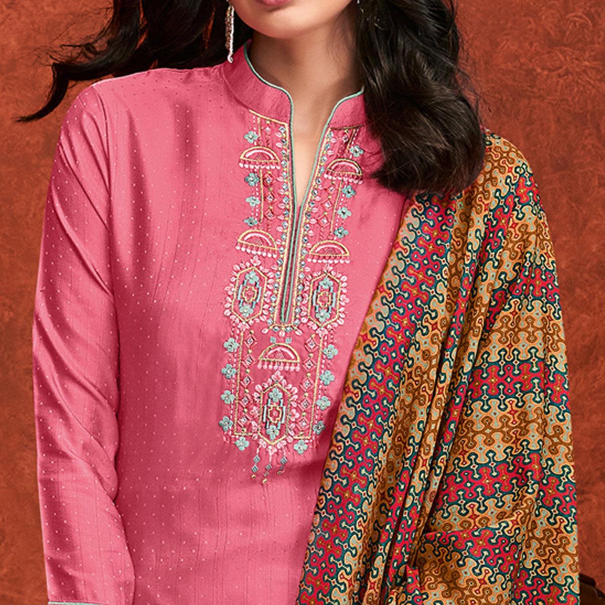 Pink Embroidered Fiona Silk Partywear Suit - Peachmode
