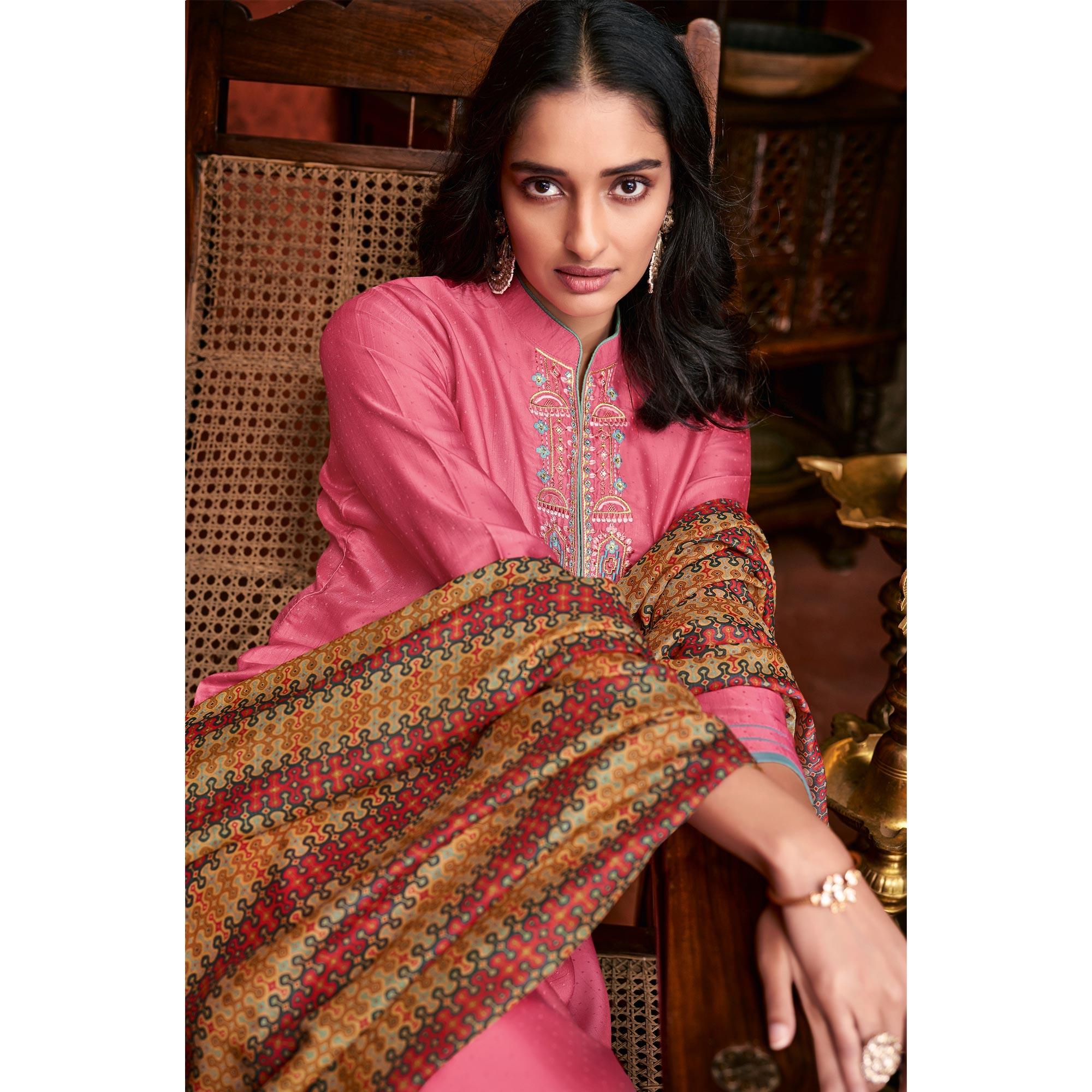 Pink Embroidered Fiona Silk Partywear Suit - Peachmode