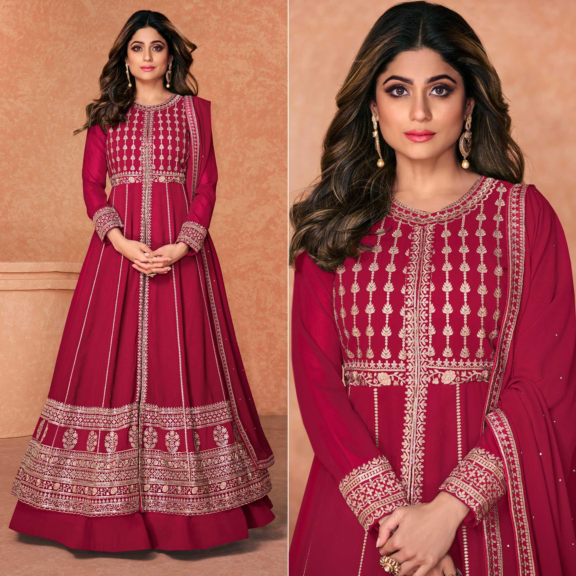 Pink Embroidered Georgette Anarkali Style Gown - Peachmode
