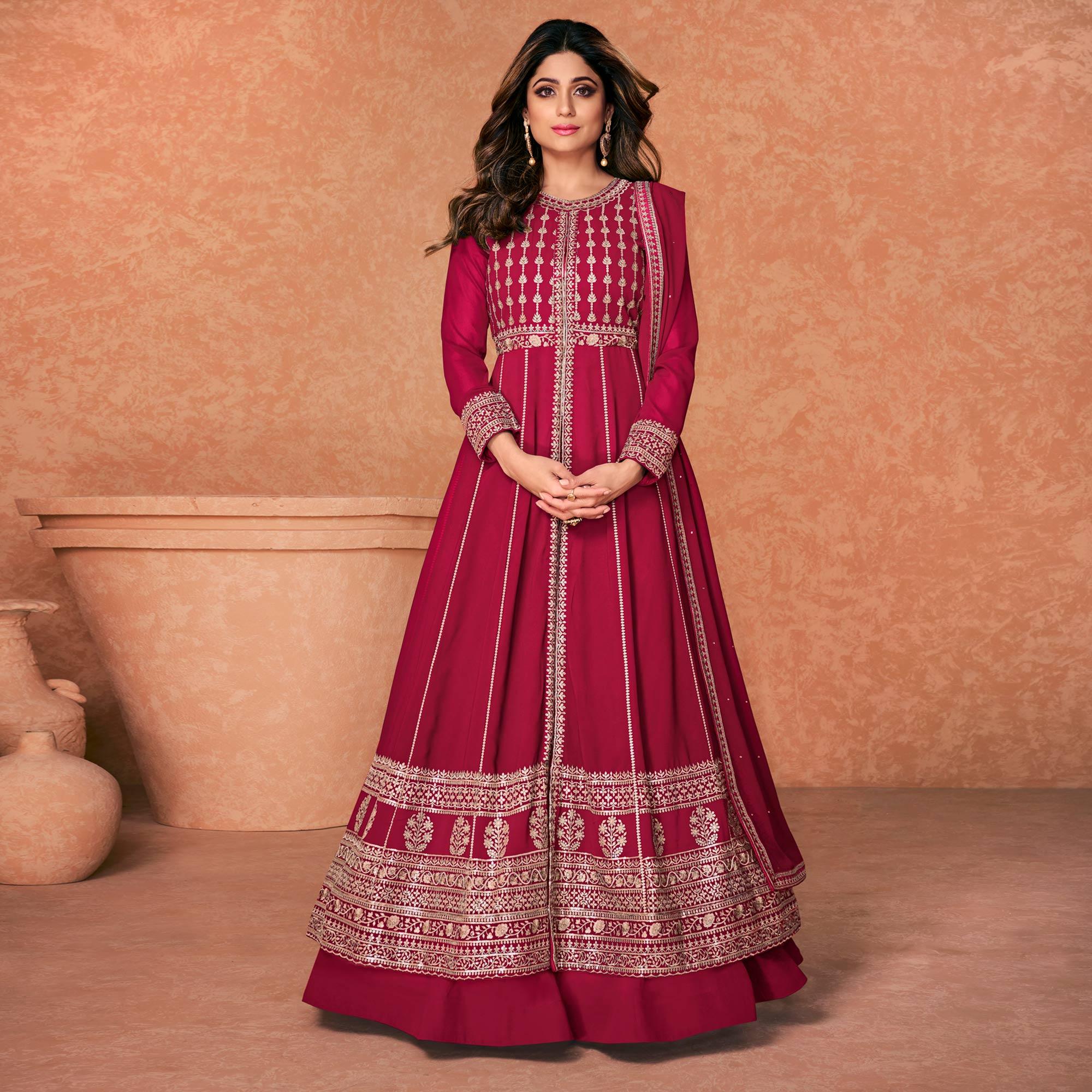Pink Embroidered Georgette Anarkali Style Gown - Peachmode