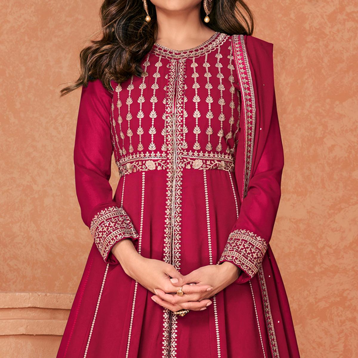 Pink Embroidered Georgette Anarkali Style Gown - Peachmode