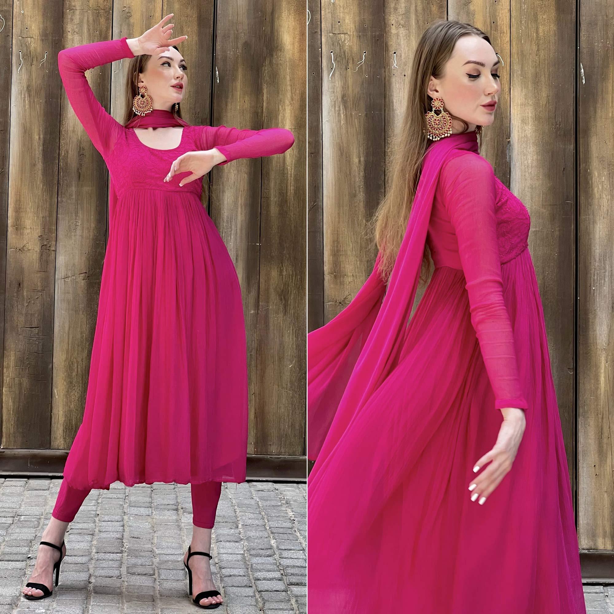 Pink Embroidered Georgette Anarkali Suit - Main Image