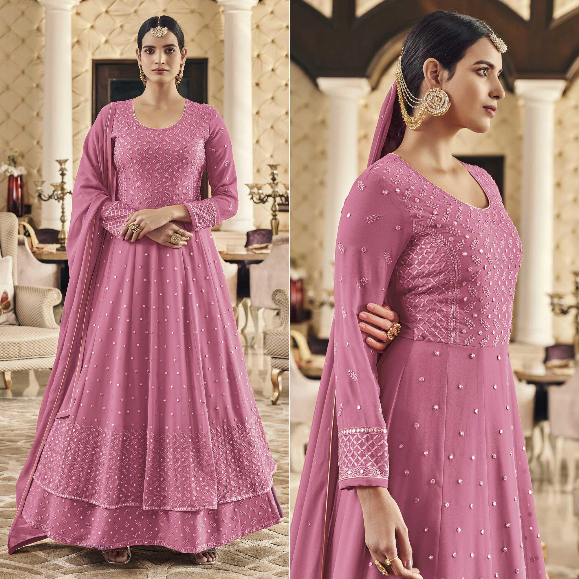 Pink Embroidered Georgette Anarkali Suit - Peachmode