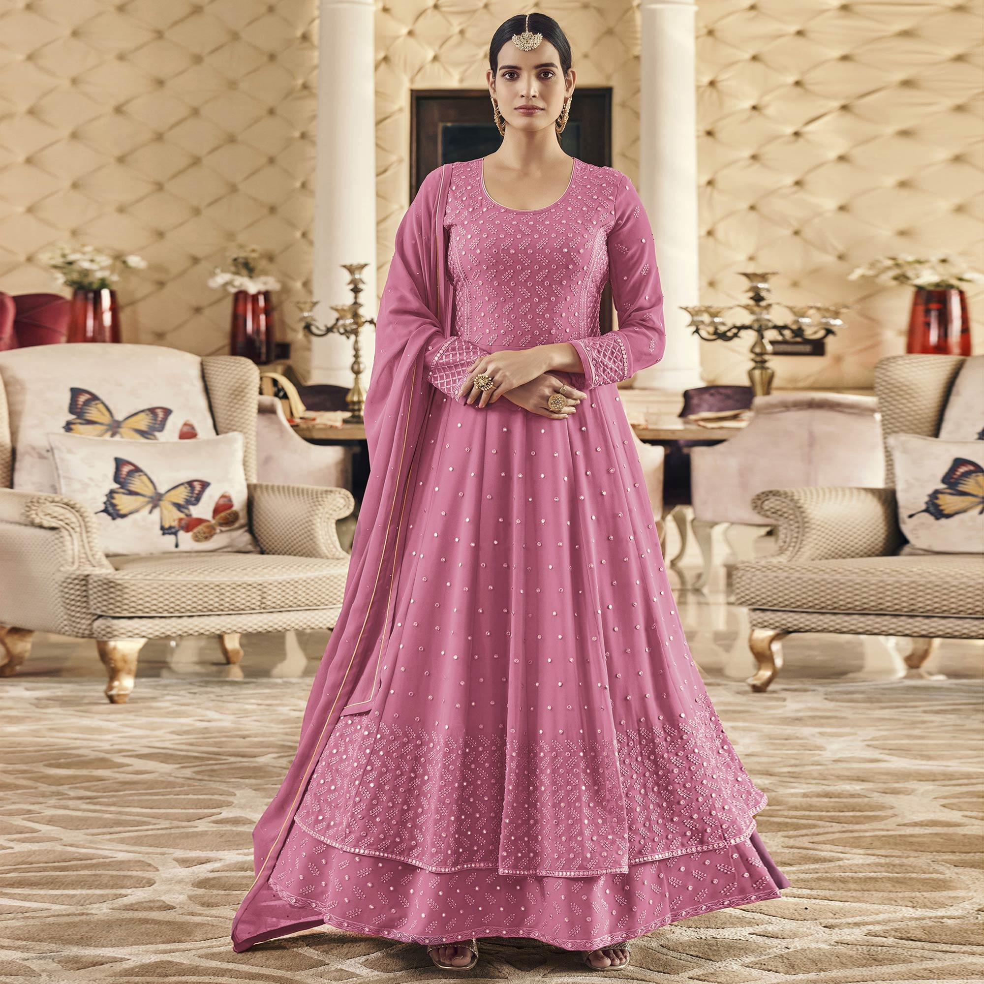 Pink Embroidered Georgette Anarkali Suit - Peachmode