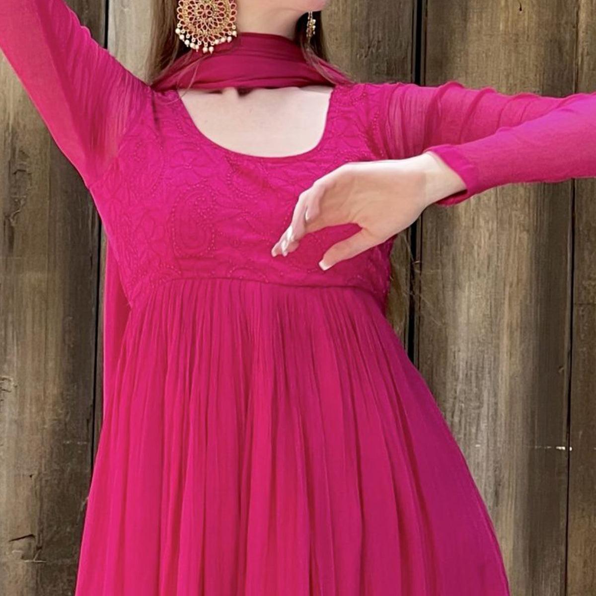 Pink Embroidered Georgette Anarkali Suit - Peachmode