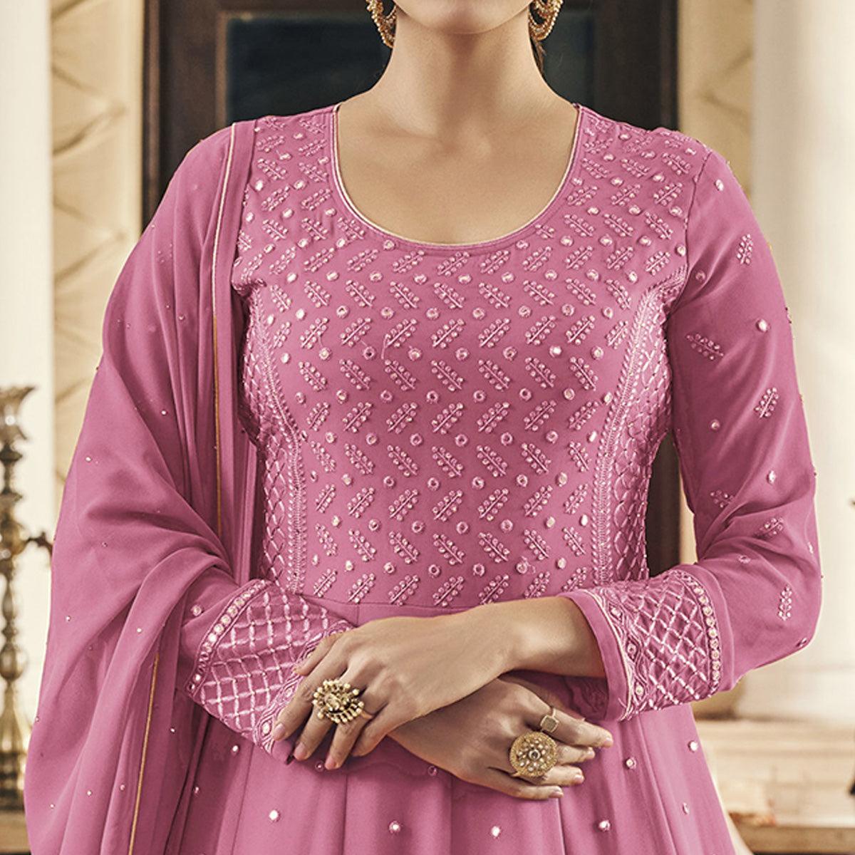 Pink Embroidered Georgette Anarkali Suit - Peachmode