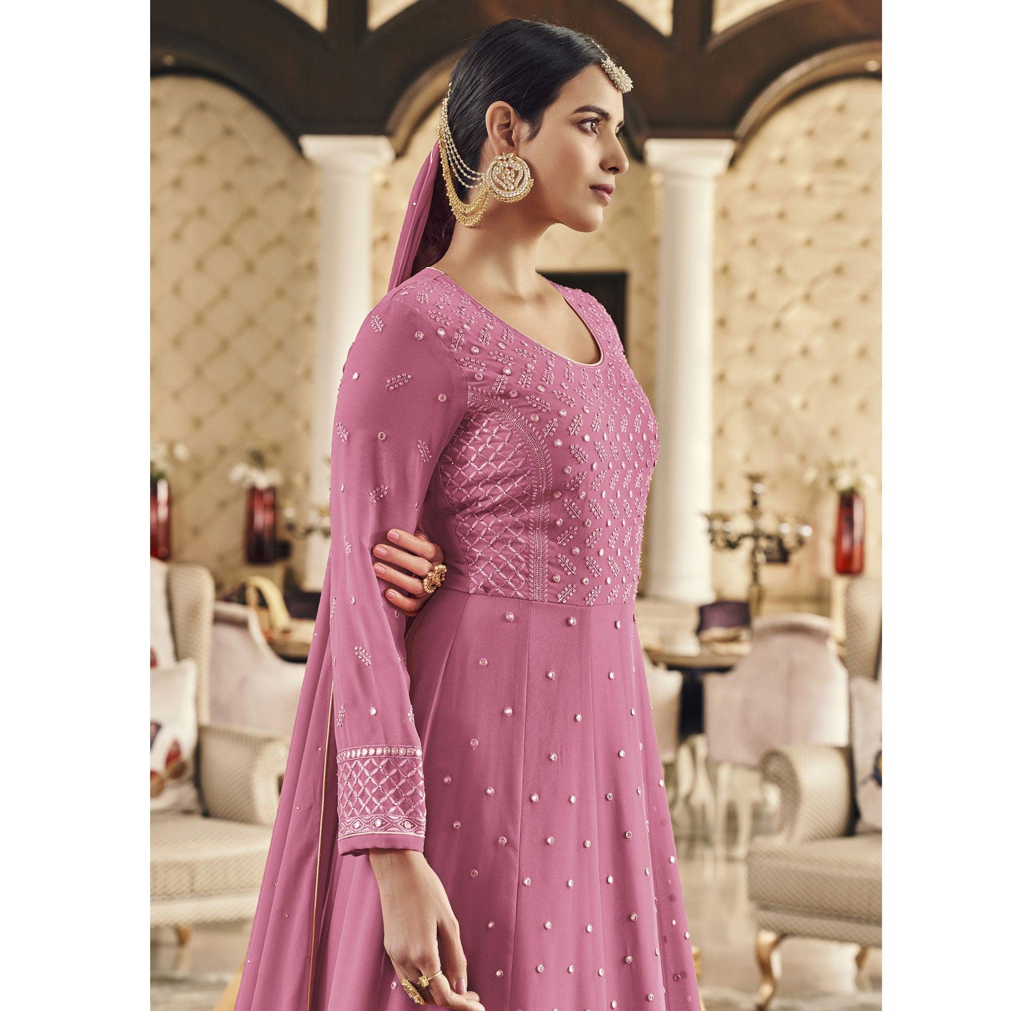 Pink Embroidered Georgette Anarkali Suit - Peachmode