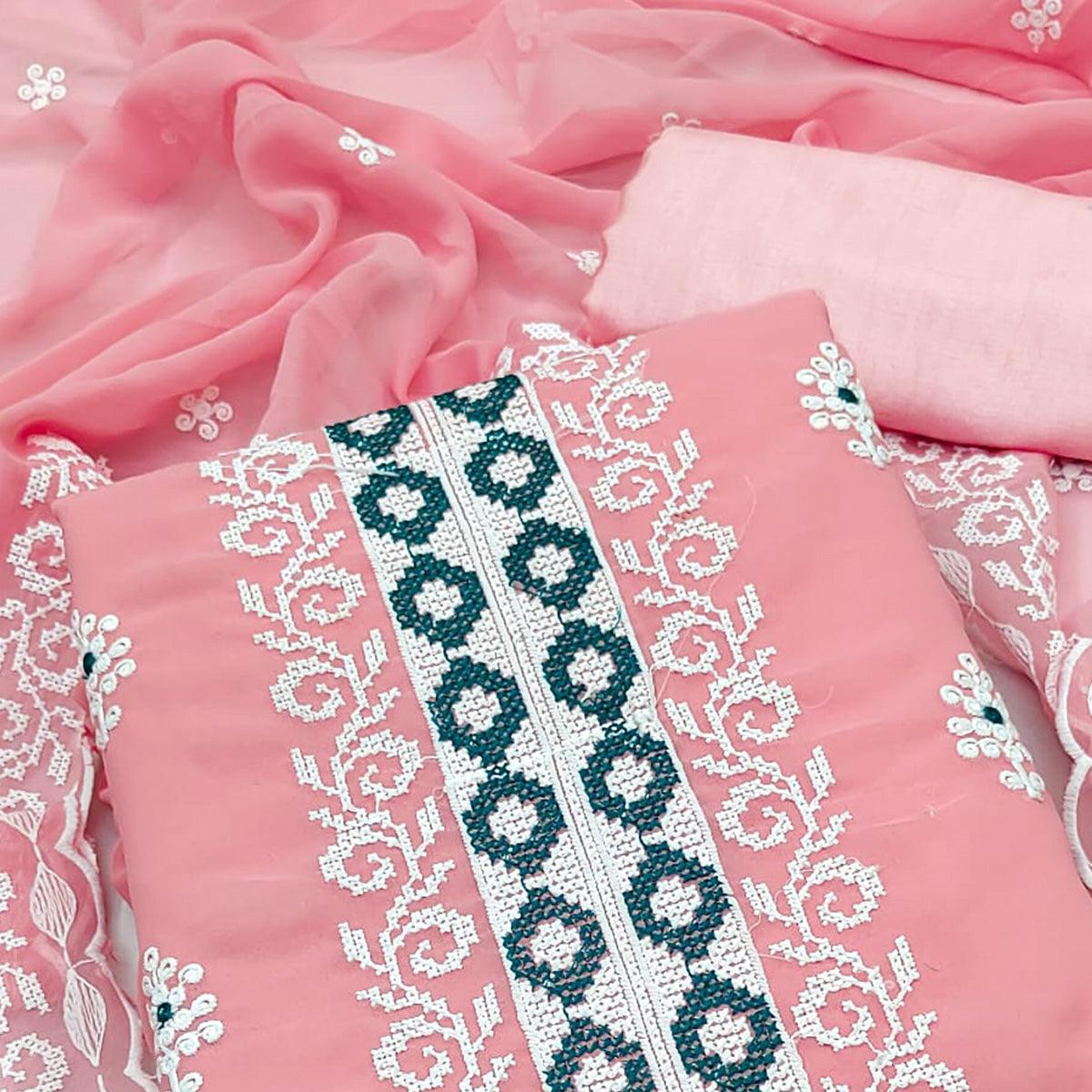 Pink Embroidered Georgette Dress Material - Peachmode