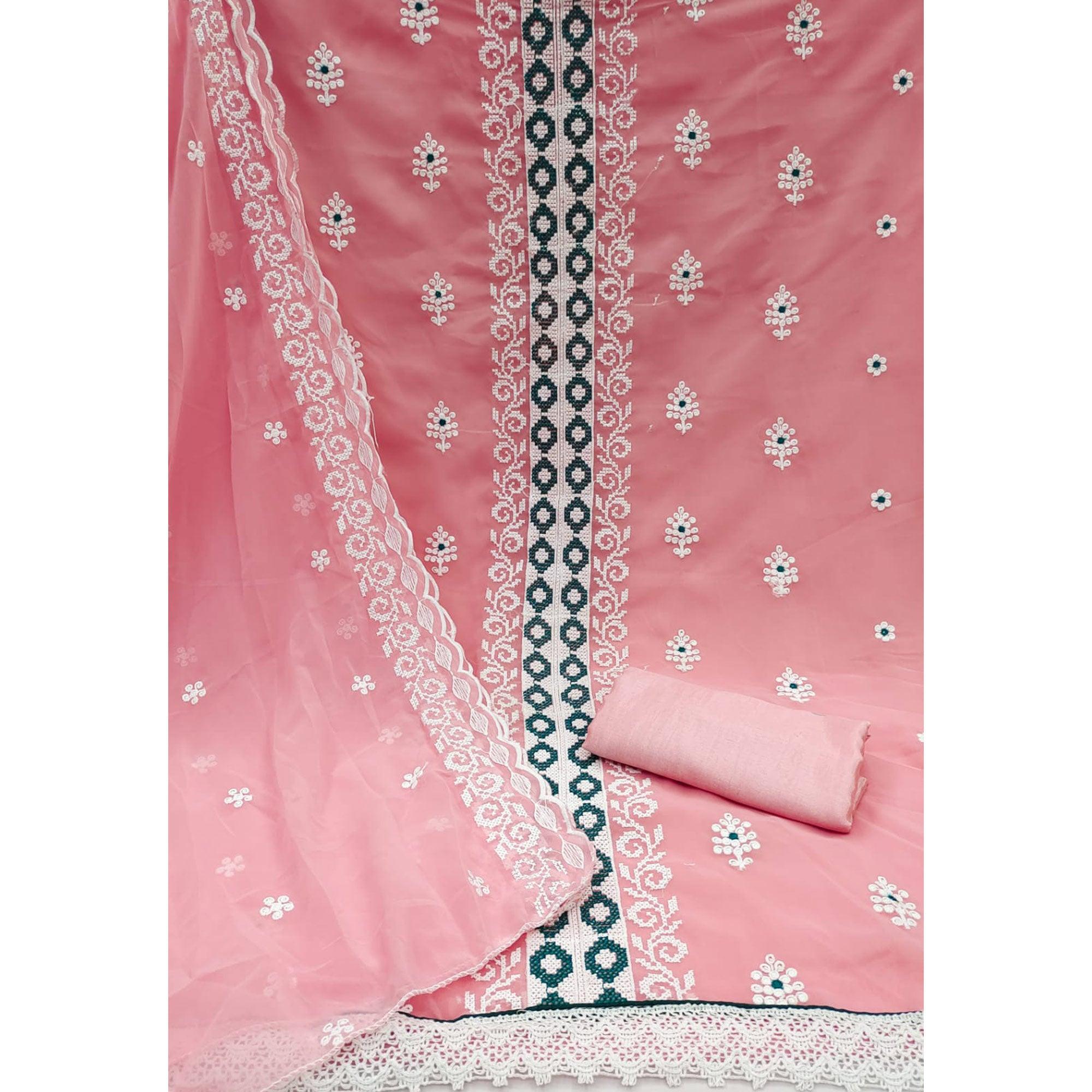 Pink Embroidered Georgette Dress Material - Peachmode