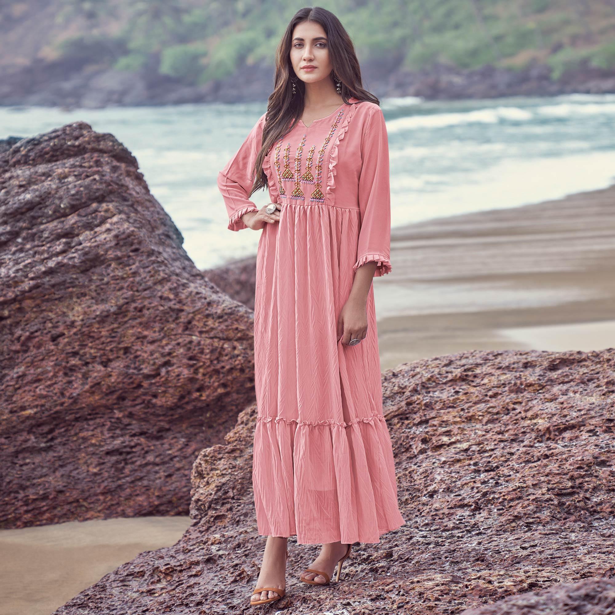 Pink Embroidered Georgette Dress - Peachmode