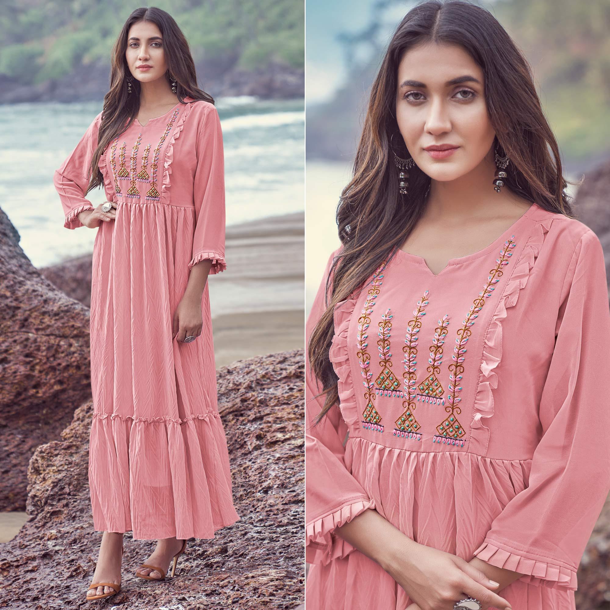 Pink Embroidered Georgette Dress - Peachmode