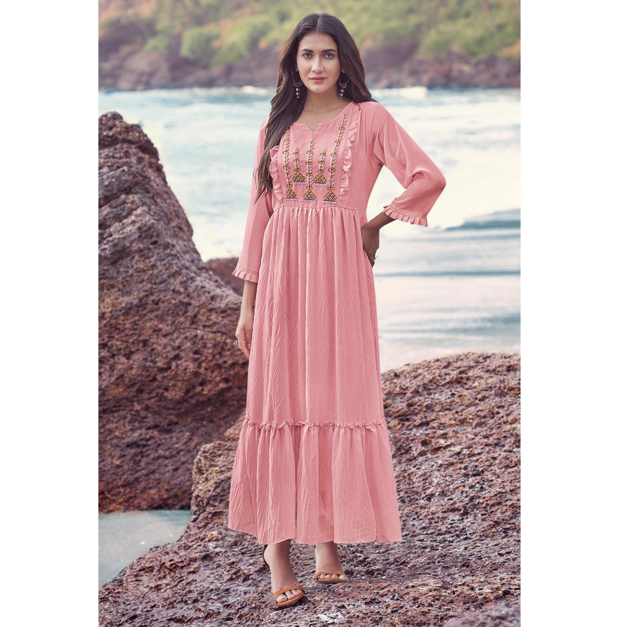 Pink Embroidered Georgette Dress - Peachmode