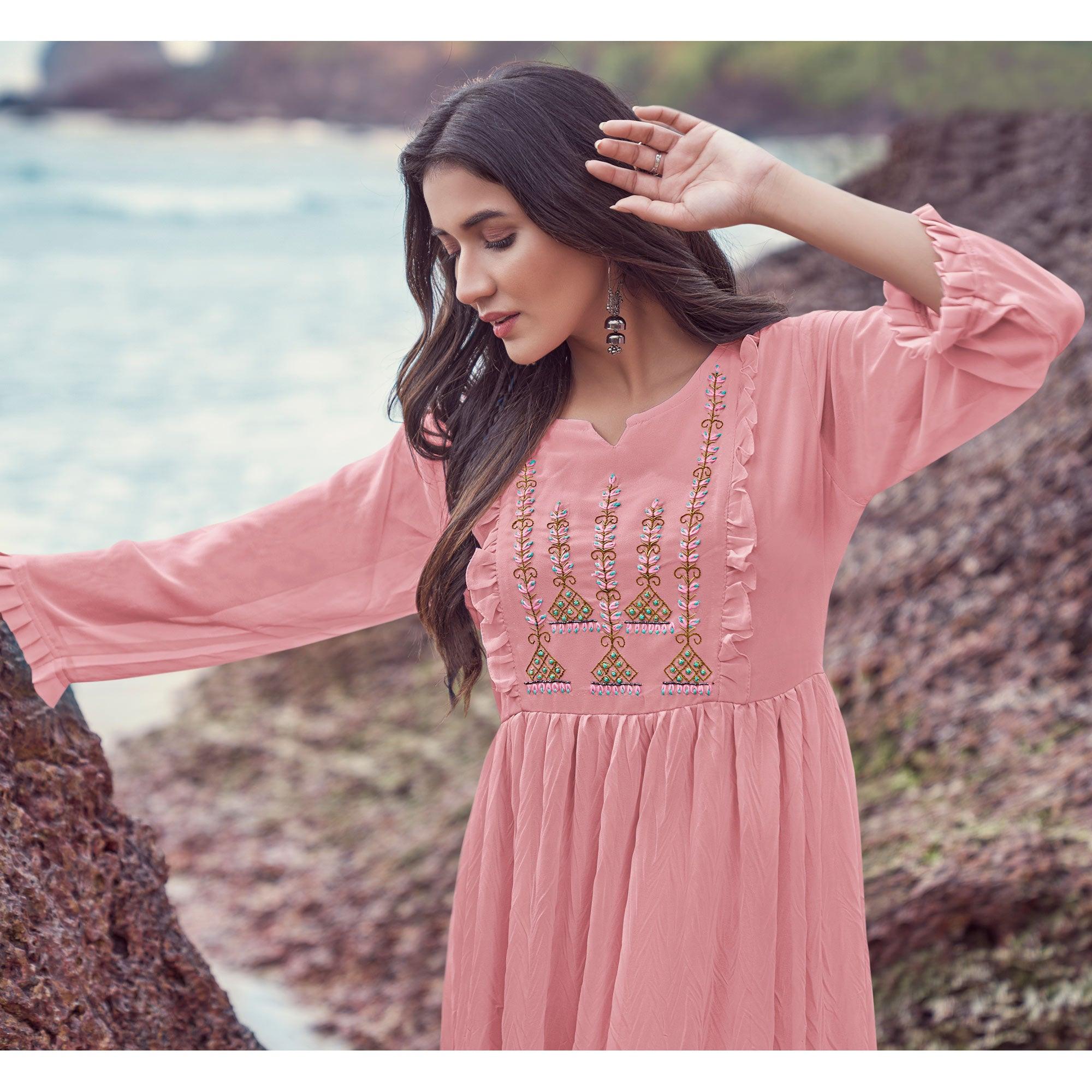 Pink Embroidered Georgette Dress - Peachmode