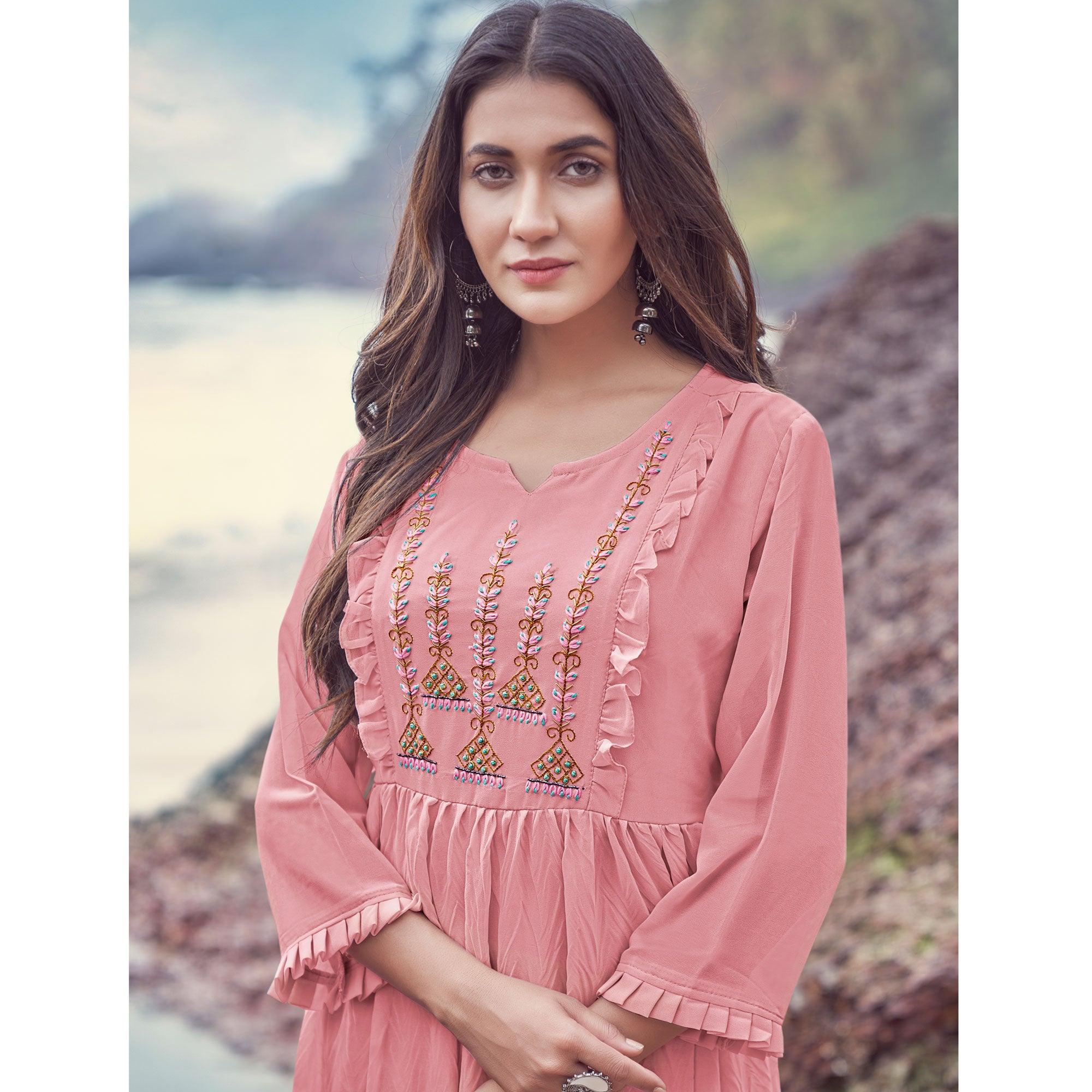Pink Embroidered Georgette Dress - Peachmode