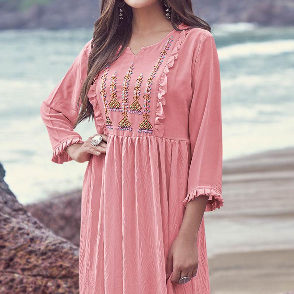 Pink Embroidered Georgette Dress - Peachmode