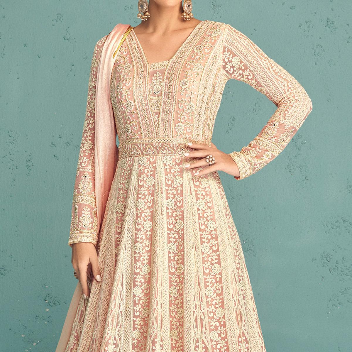 Pink Embroidered Georgette Gown - Peachmode