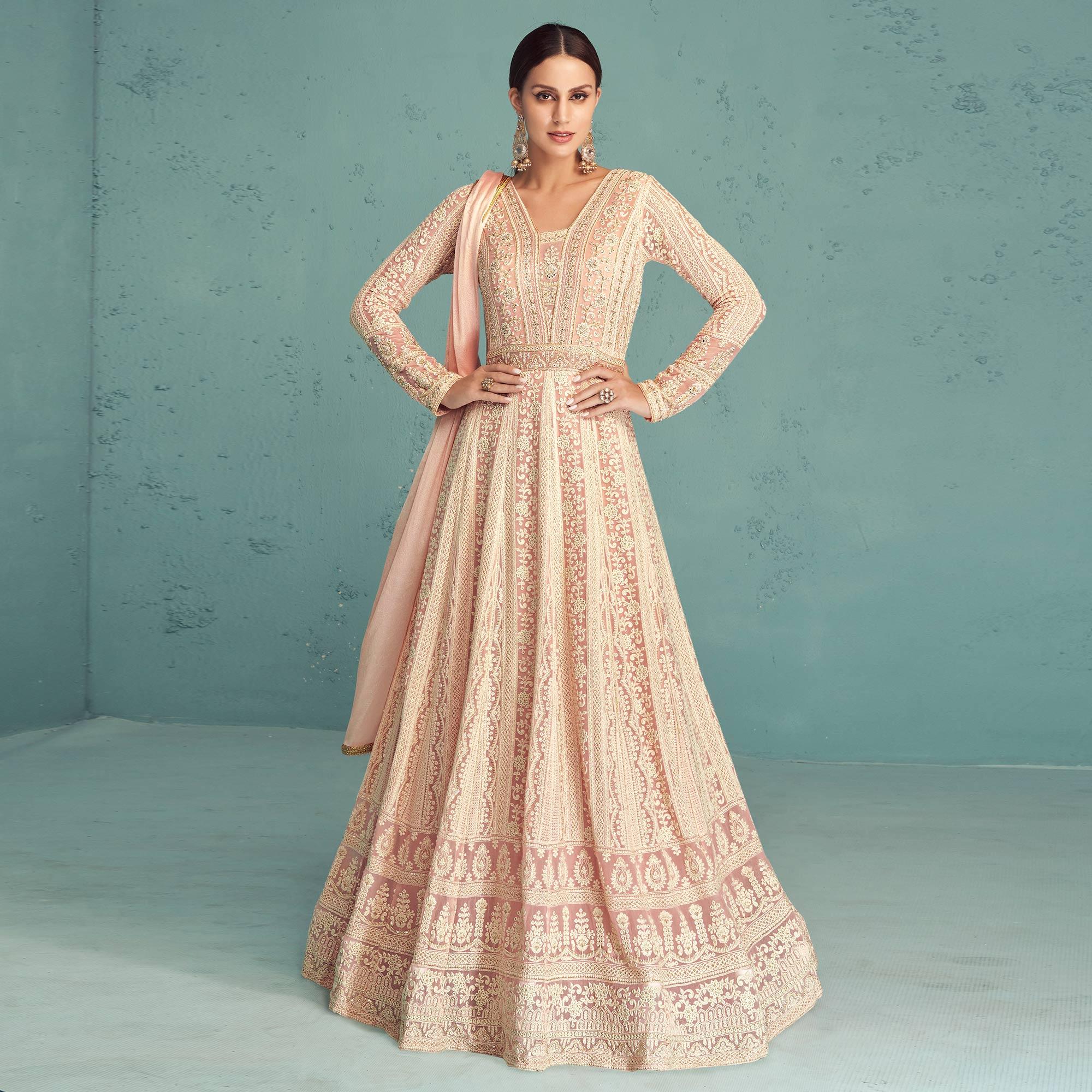Pink Embroidered Georgette Gown - Peachmode