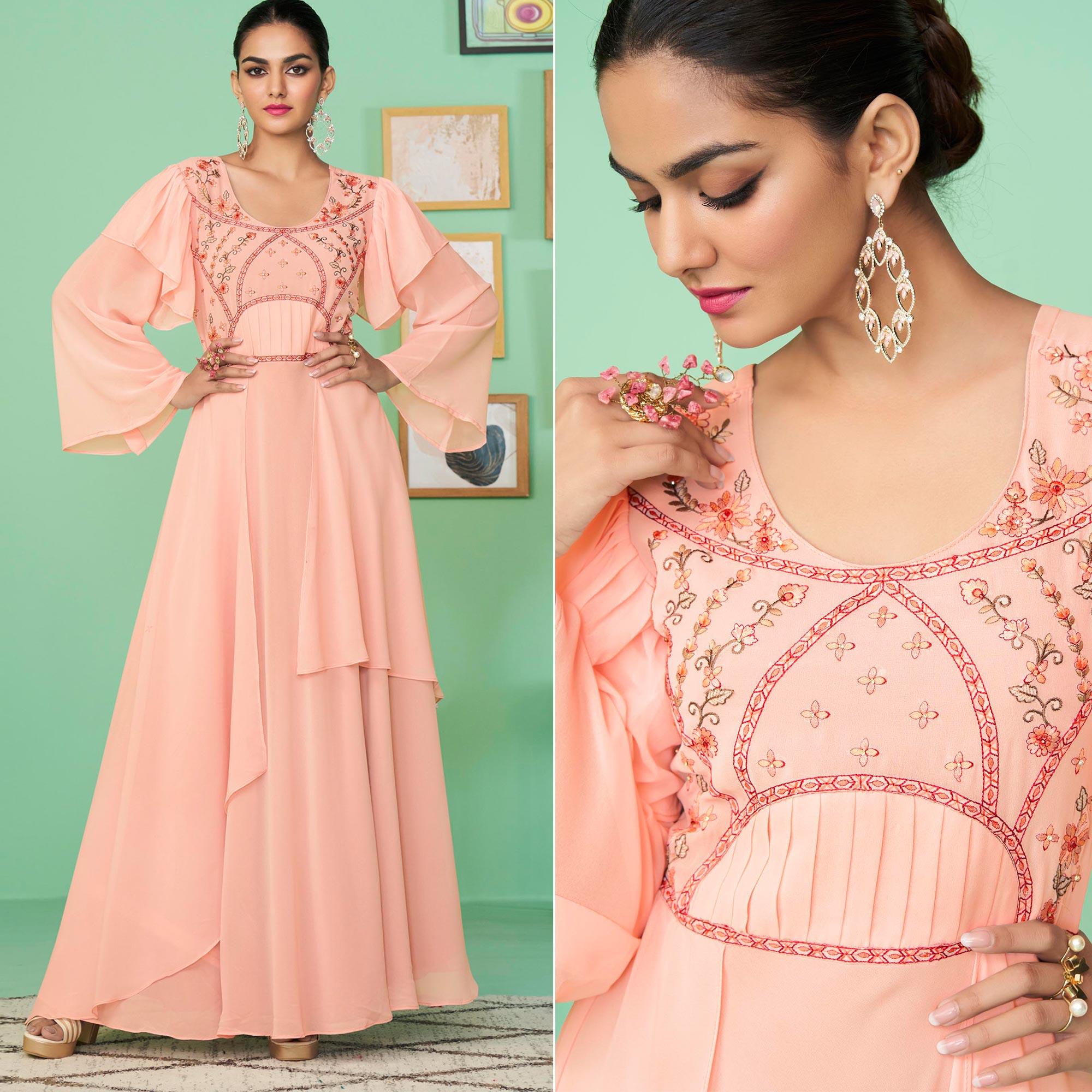 Pink Embroidered Georgette Gown - Peachmode