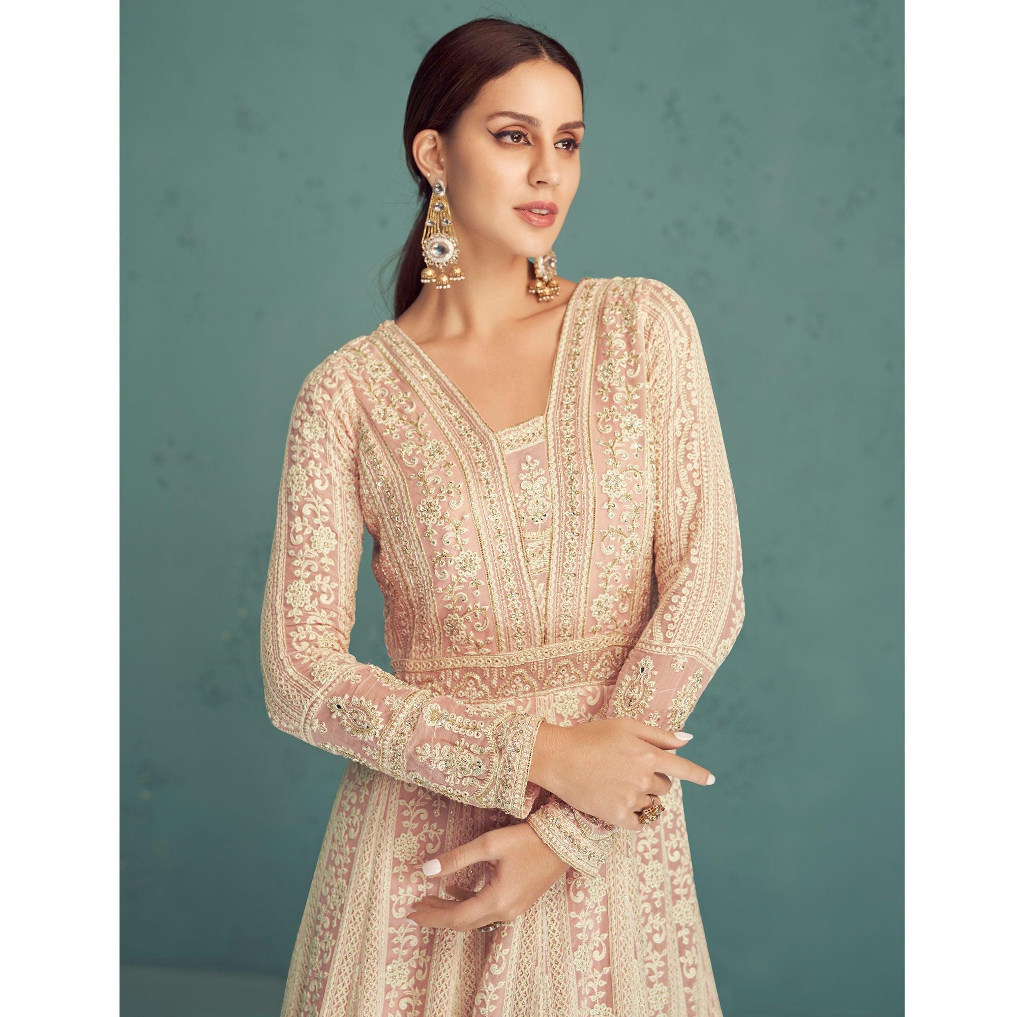 Pink Embroidered Georgette Gown - Peachmode