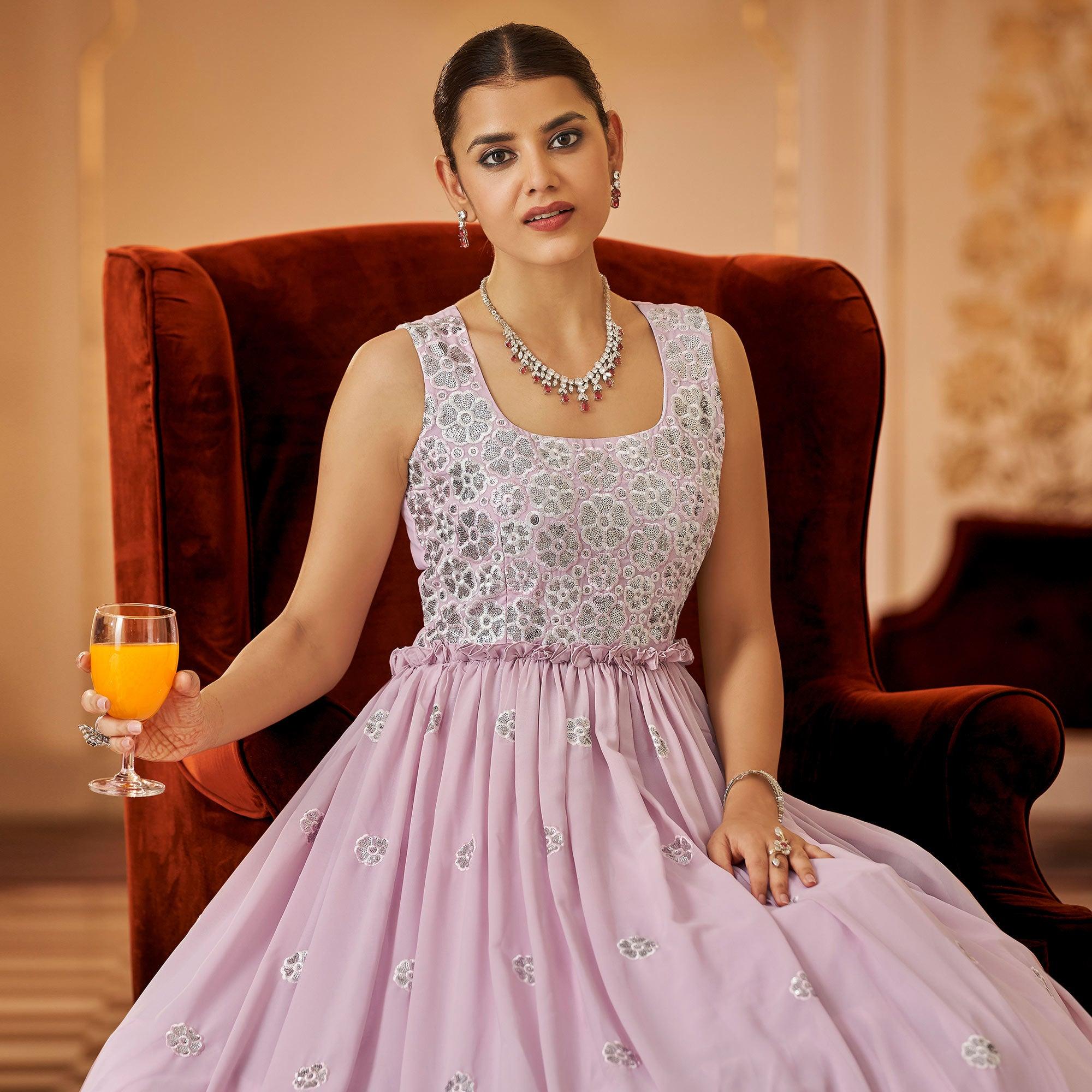 Pink Embroidered Georgette Gown - Peachmode
