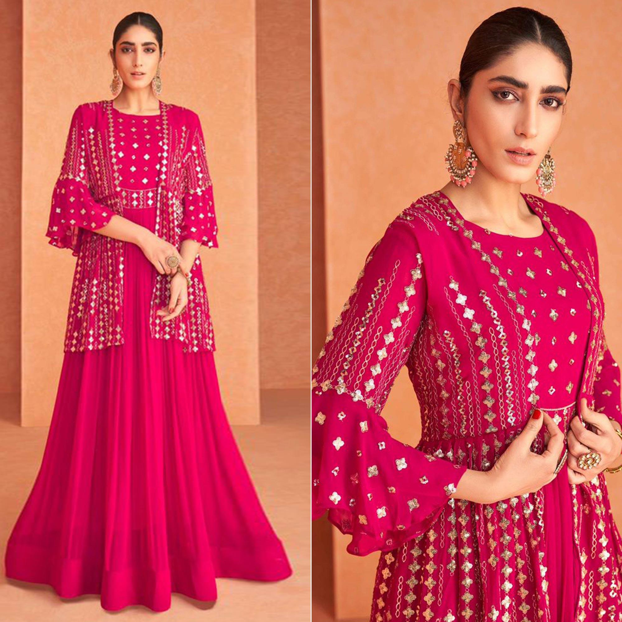 Pink Embroidered Georgette Gown With Jacket - Peachmode