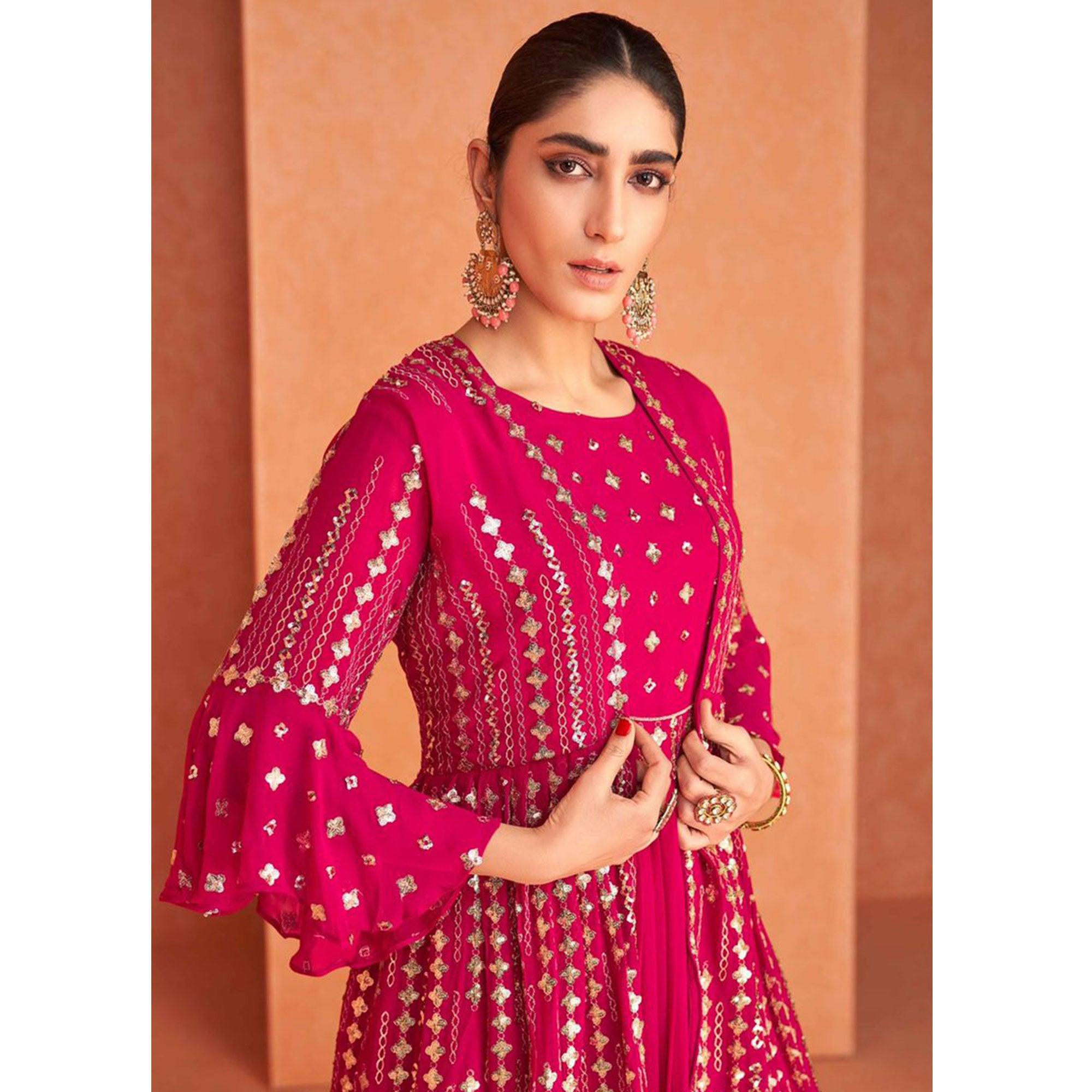 Pink Embroidered Georgette Gown With Jacket - Peachmode